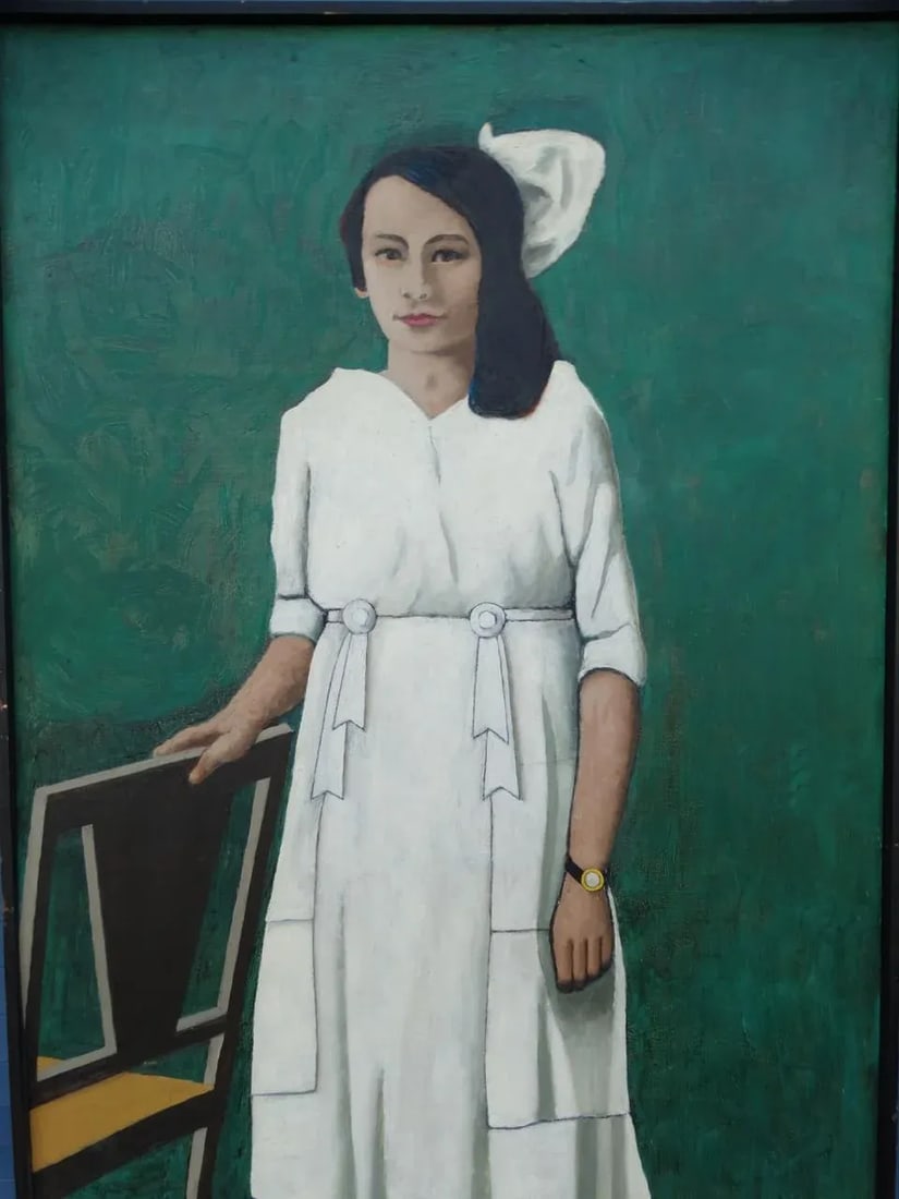 Meyer Greenberg Portrait of a Young Woman in White Oil Painting on Canvas, 1976 - 3