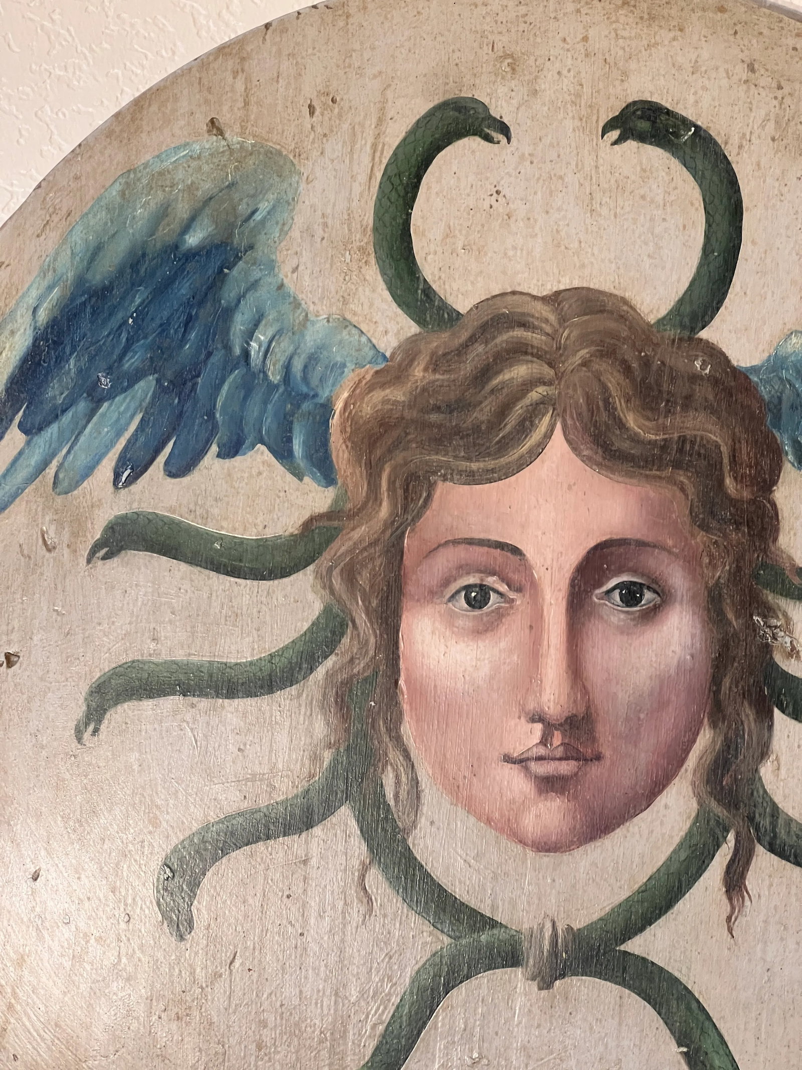 Antique Allegorical Hand-Painted Oil on Wood Baroque Wall Hanging Plaque of Winged Medusa - 10