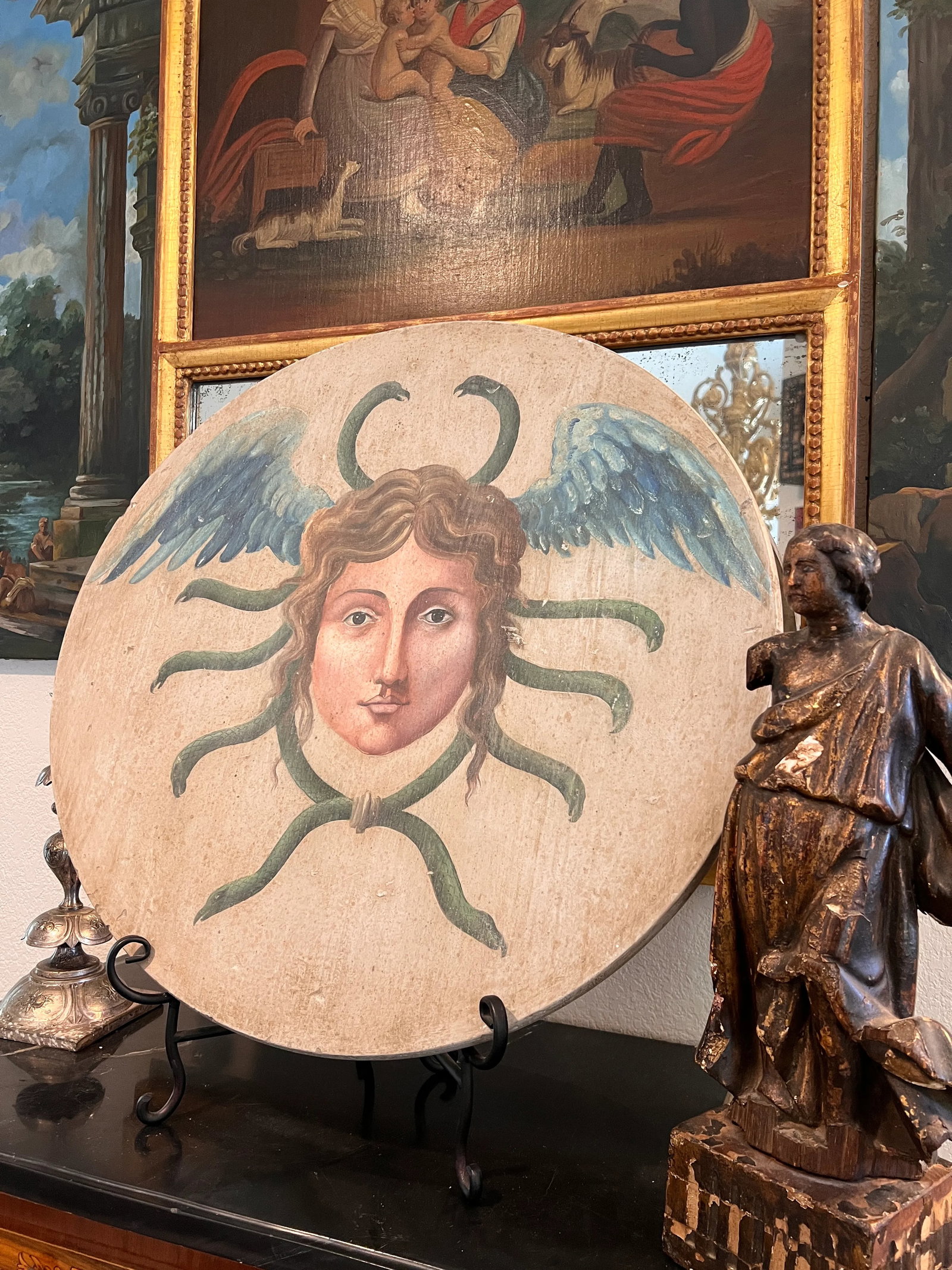 Antique Allegorical Hand-Painted Oil on Wood Baroque Wall Hanging Plaque of Winged Medusa - 11