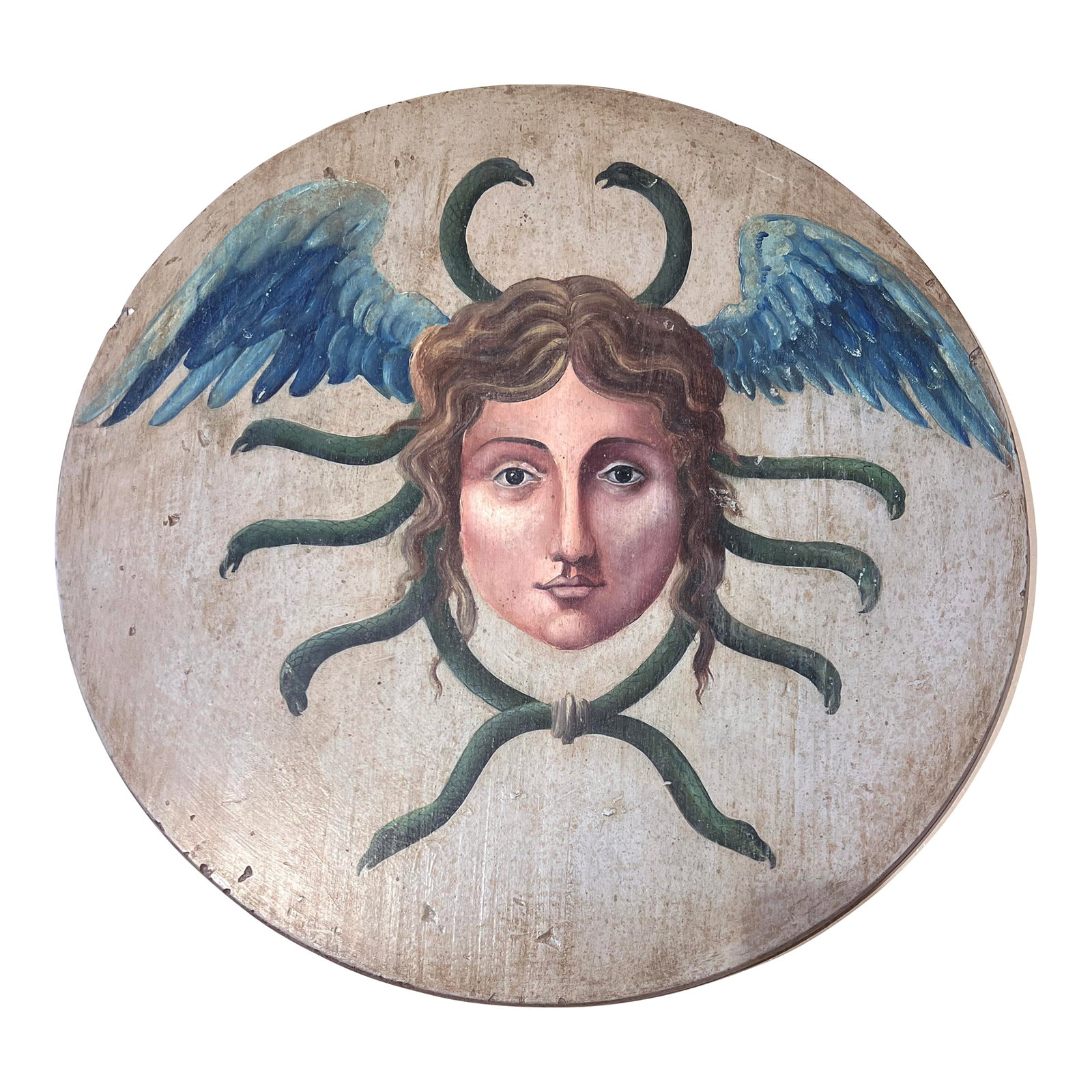 Antique Allegorical Hand-Painted Oil on Wood Baroque Wall Hanging Plaque of Winged Medusa: Antique hand-painted Oil on Wood Baroque Wall Hanging Plaque of Winged Medusa. Fine Quality hand painted round wall hanging plaque, depicting winged female face with several snake monsters around her 