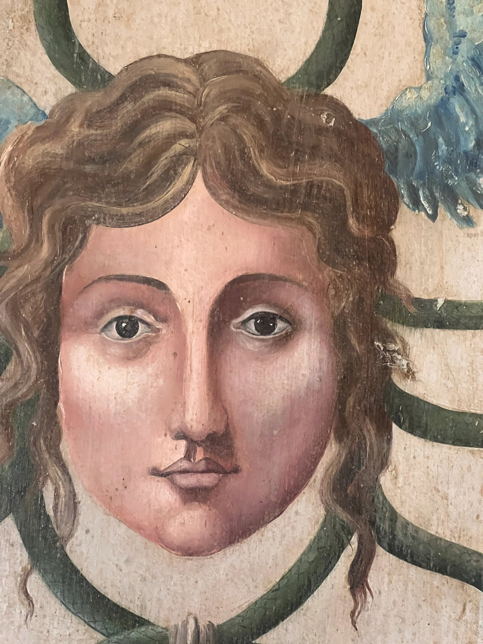 Antique Allegorical Hand-Painted Oil on Wood Baroque Wall Hanging Plaque of Winged Medusa - 4