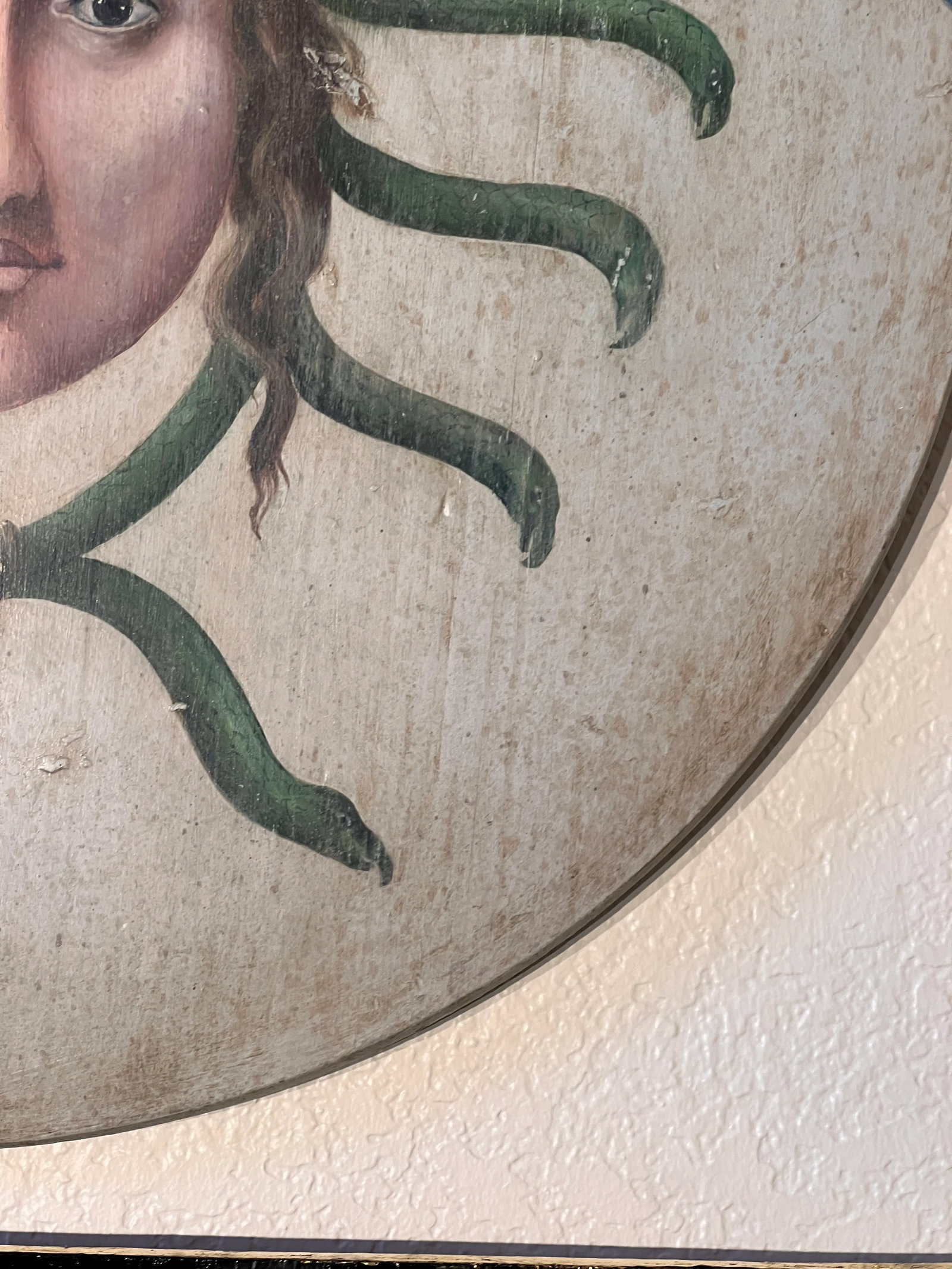 Antique Allegorical Hand-Painted Oil on Wood Baroque Wall Hanging Plaque of Winged Medusa - 7