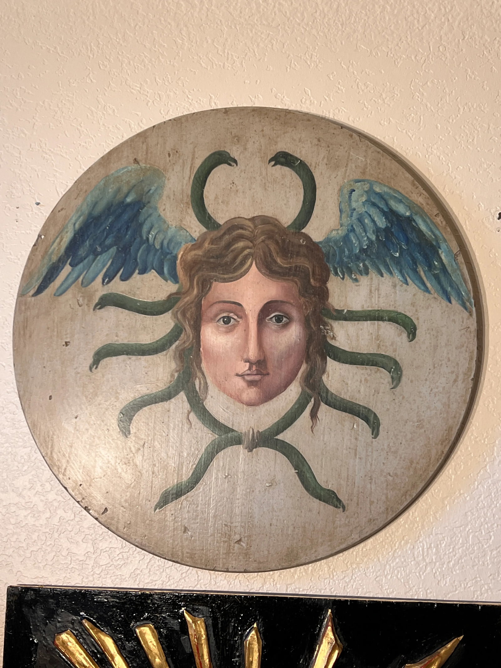 Antique Allegorical Hand-Painted Oil on Wood Baroque Wall Hanging Plaque of Winged Medusa - 8