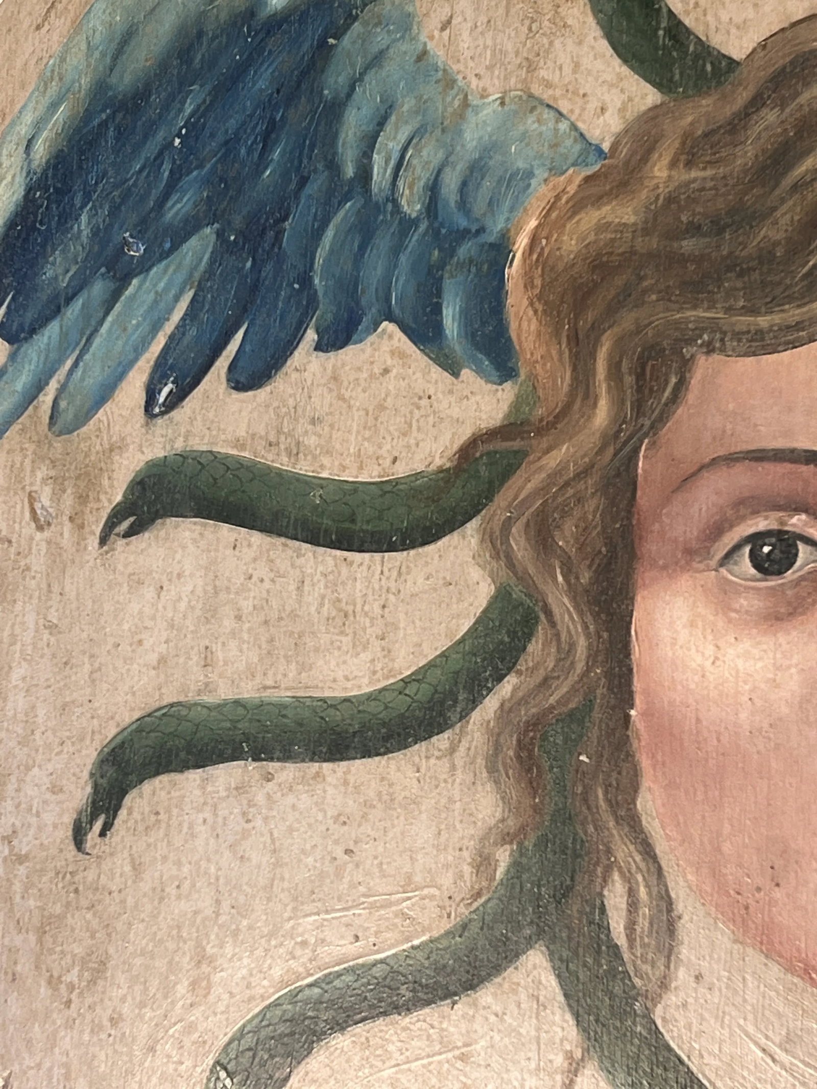 Antique Allegorical Hand-Painted Oil on Wood Baroque Wall Hanging Plaque of Winged Medusa - 9