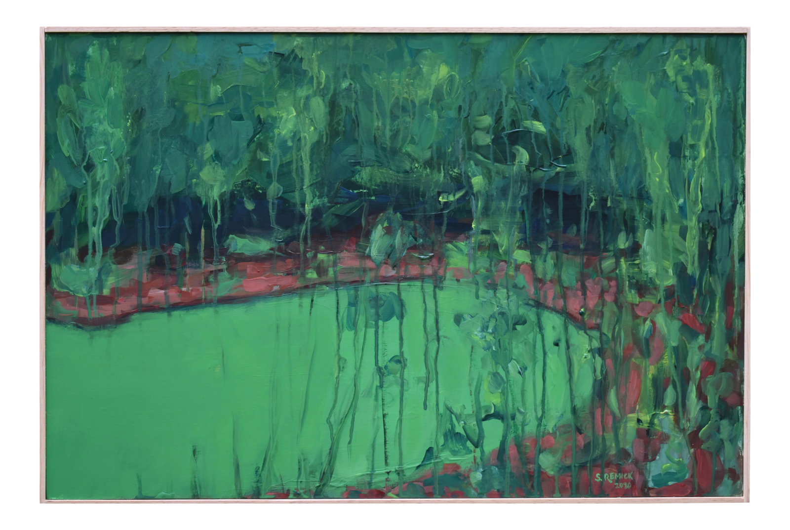 The Cove Contemporary Painting by Stephen Remick: A remembered place. This is professional grade acrylic on a solid 3/4" wood panel. It's framed with simple wood strips, wired and ready to hang. About the artist: Stephen Remick was born and raised