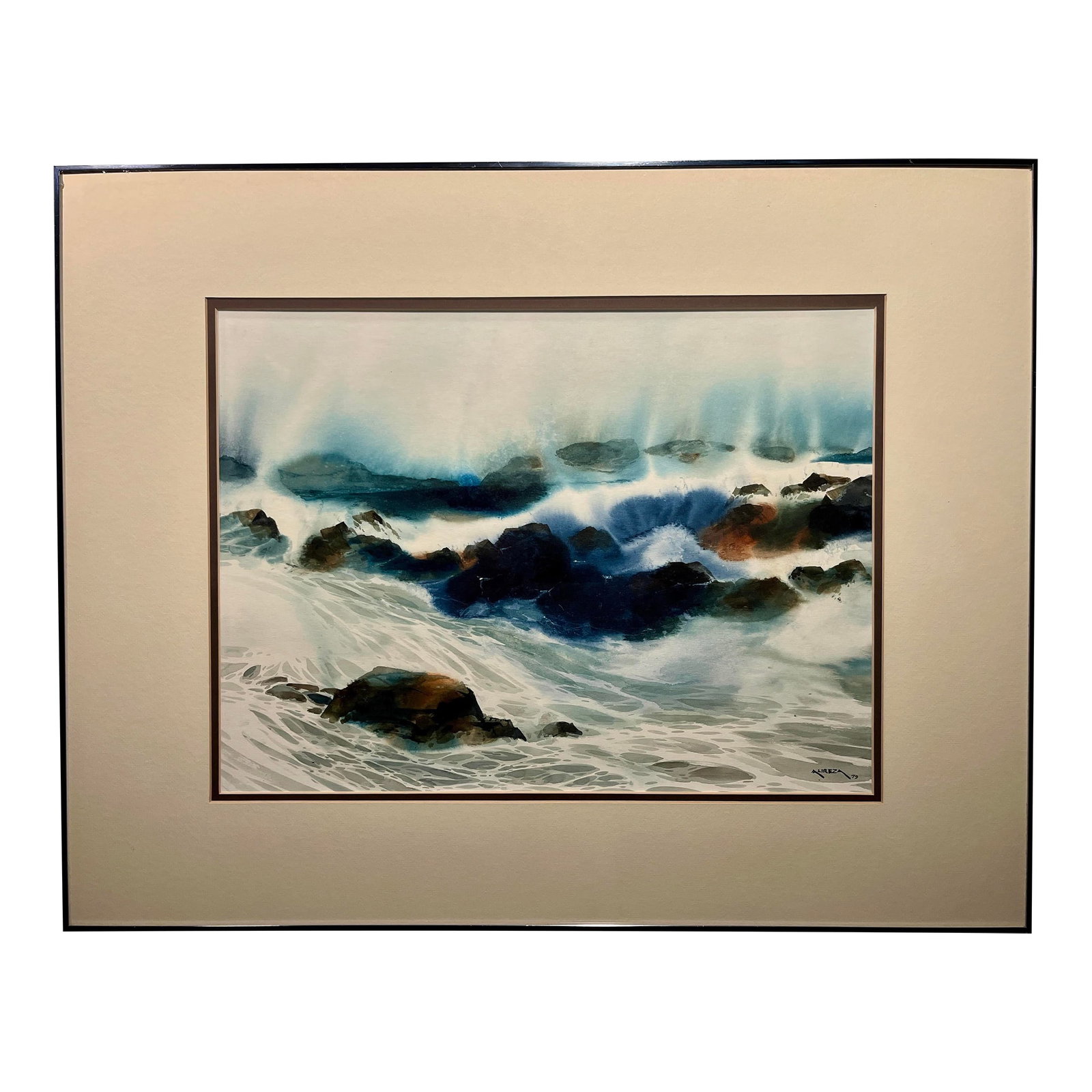 1979 Watercolor Painting by Listed Iranian Artist Alireza Aka Ali Golkar Signed: Original 1979 Watercolor Painting by Listed Iranian Artist Alireza C. Golkar AKA Ali Golkar Signed by the artist and Dated 1979 Double matted and framed with glass Aprox. dimensions: Visible area: