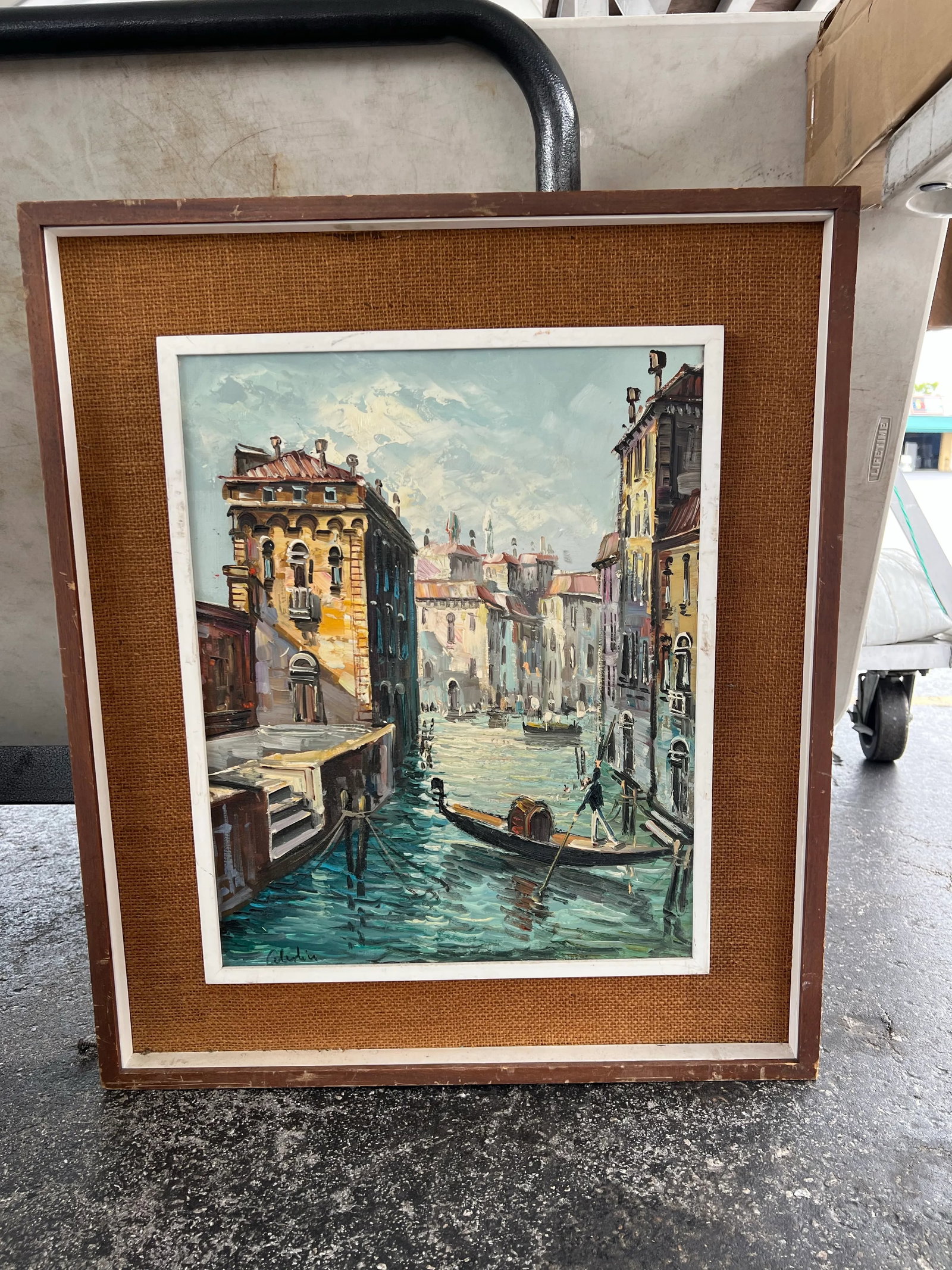 Early 20th Century Vintage Original Framed Painting of a Gondola on Venetian Canal Signed - 3