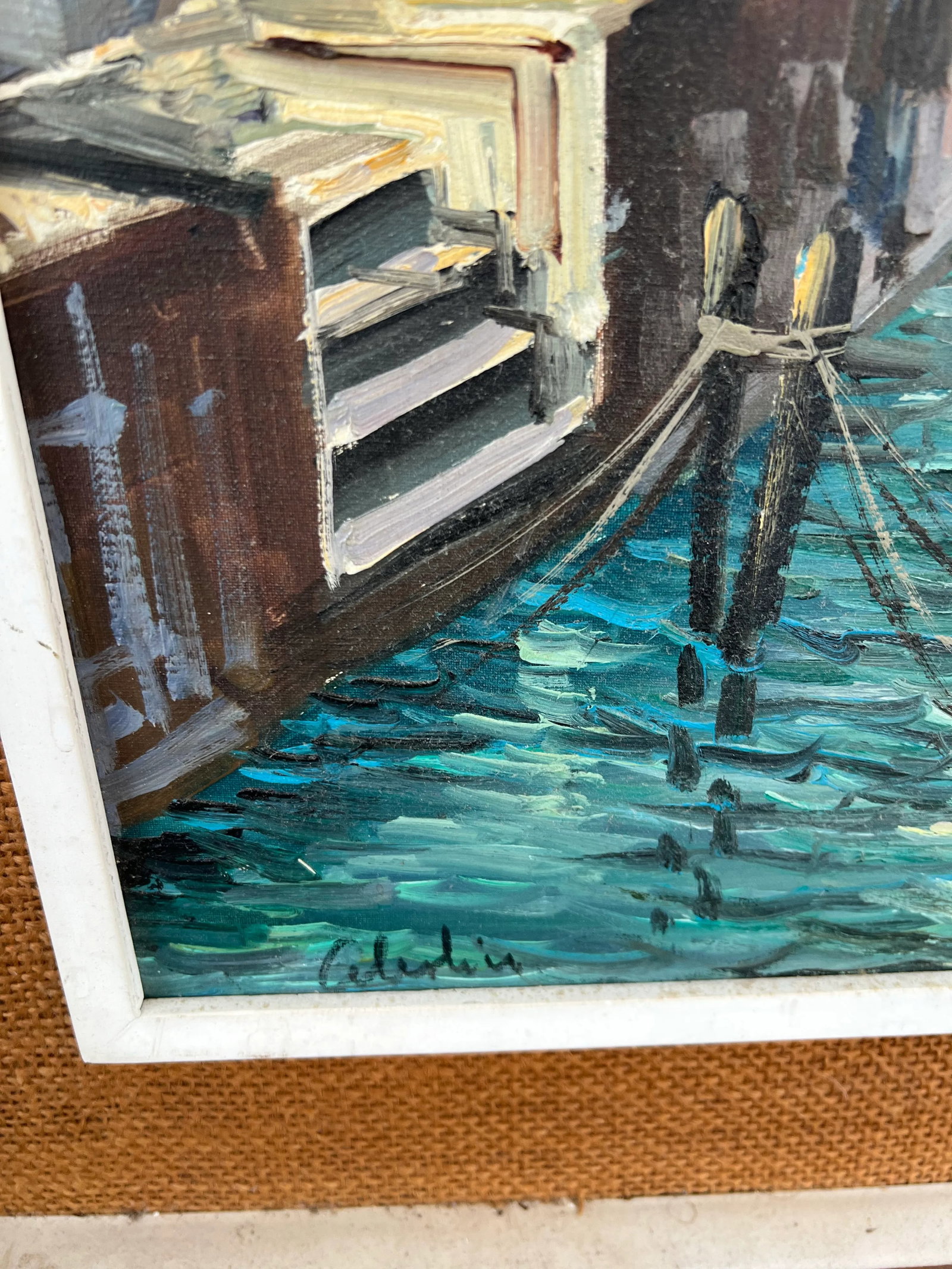 Early 20th Century Vintage Original Framed Painting of a Gondola on Venetian Canal Signed - 5