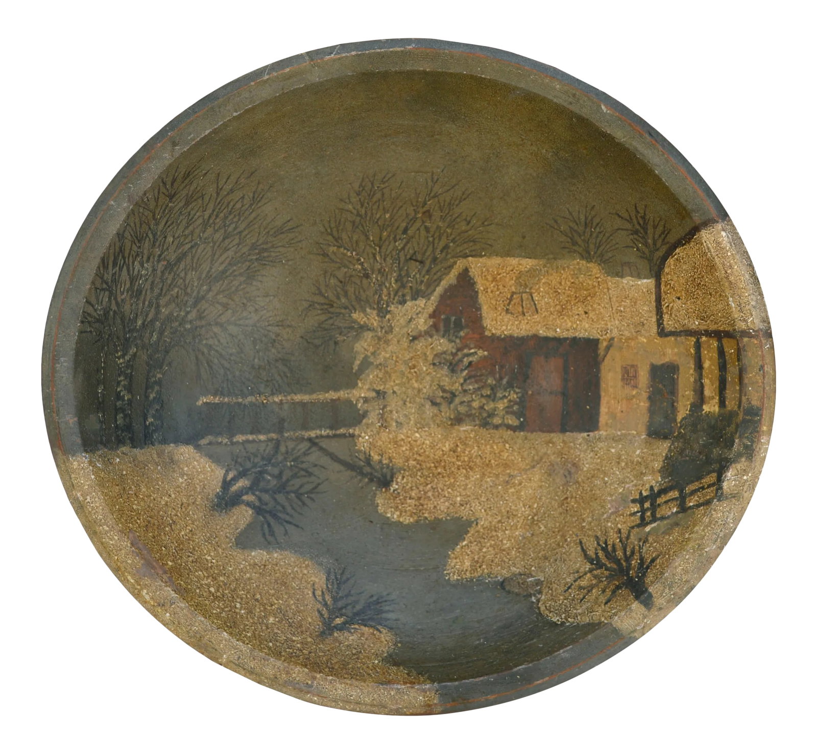 Unknown Folk Art Winter Cabin Painted Bread Bowl Late 19th Century: Wonderful folk art turned wood bowl with snowy cabin scene by an unknown artist, circa 1880. Condition: Alterations: Unknown Imperfections: Some Imperfections Condition Notes: Fair age wear, minor chi