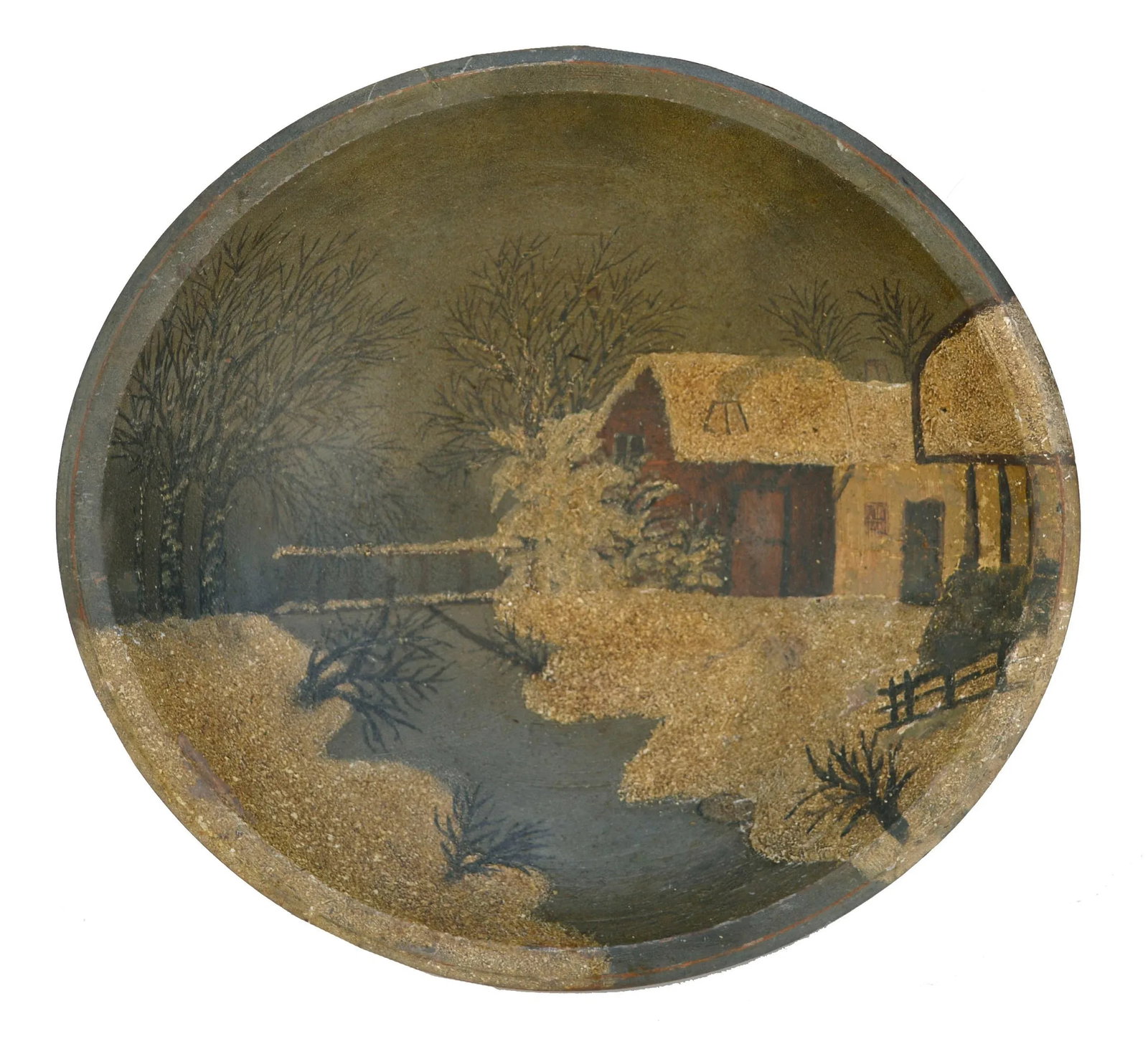 Unknown Folk Art Winter Cabin Painted Bread Bowl Late 19th Century - 4