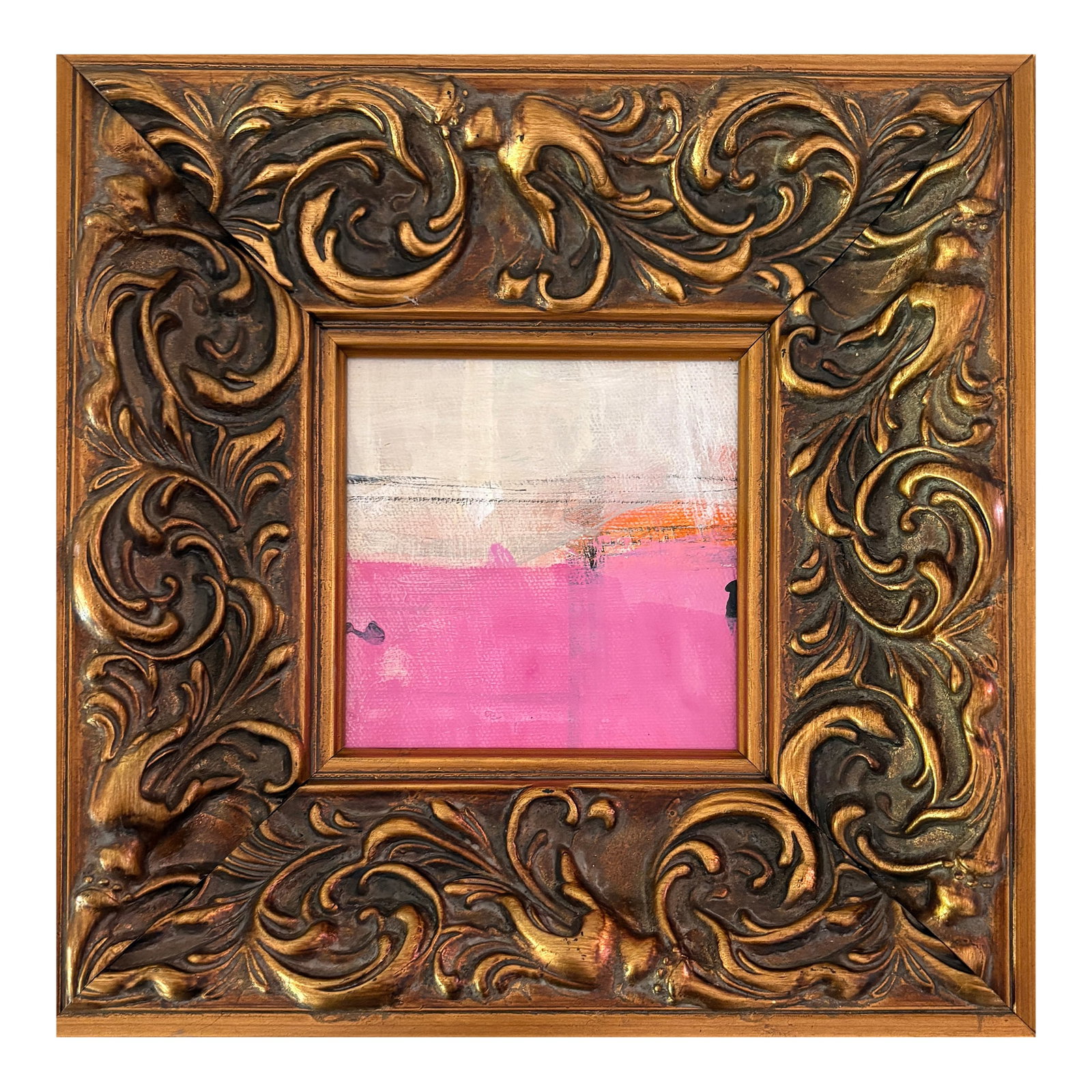 Sarah Trundle, Contemporary Abstract Framed Painting, "Level Up": Acrylic on canvas covered cradled wood panel, framed in a 10 x 10 x 2 deep profile, heavyweight, ornate gold carved wood frame. Back wired ready to hang. Signed on the back. Condition: Imperfections: