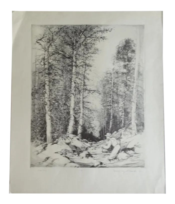 Mildred Bryant Brooks South Fork Etching: A scene of men fishing in a forest, beautifully observed and drawn. And, as in most of her work, it is the woods that are the point of the scene. Measures 16" x 18 7/8". Numbered 17/40. Signed, dated 