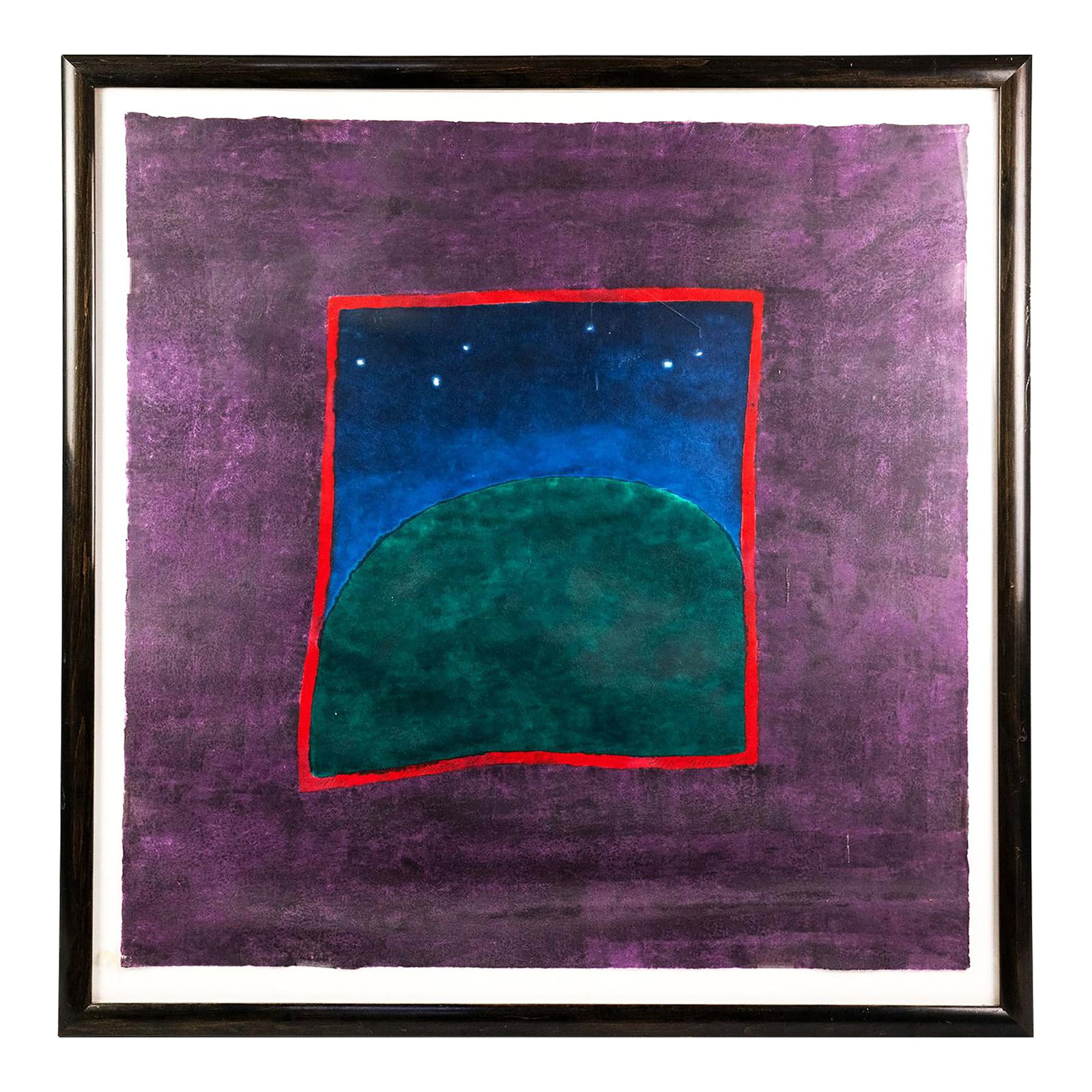 Original Signed Carol Summers 'In Memory of Bob Kutak' Woodcut Print: A Carol Summers (American, 1925-2016) woodcut print titled 'In Memory of Bob Kutak' depicting a grassy hillside under a starry sky. Pencil signed lower right, editioned lower left, and titled lower ce