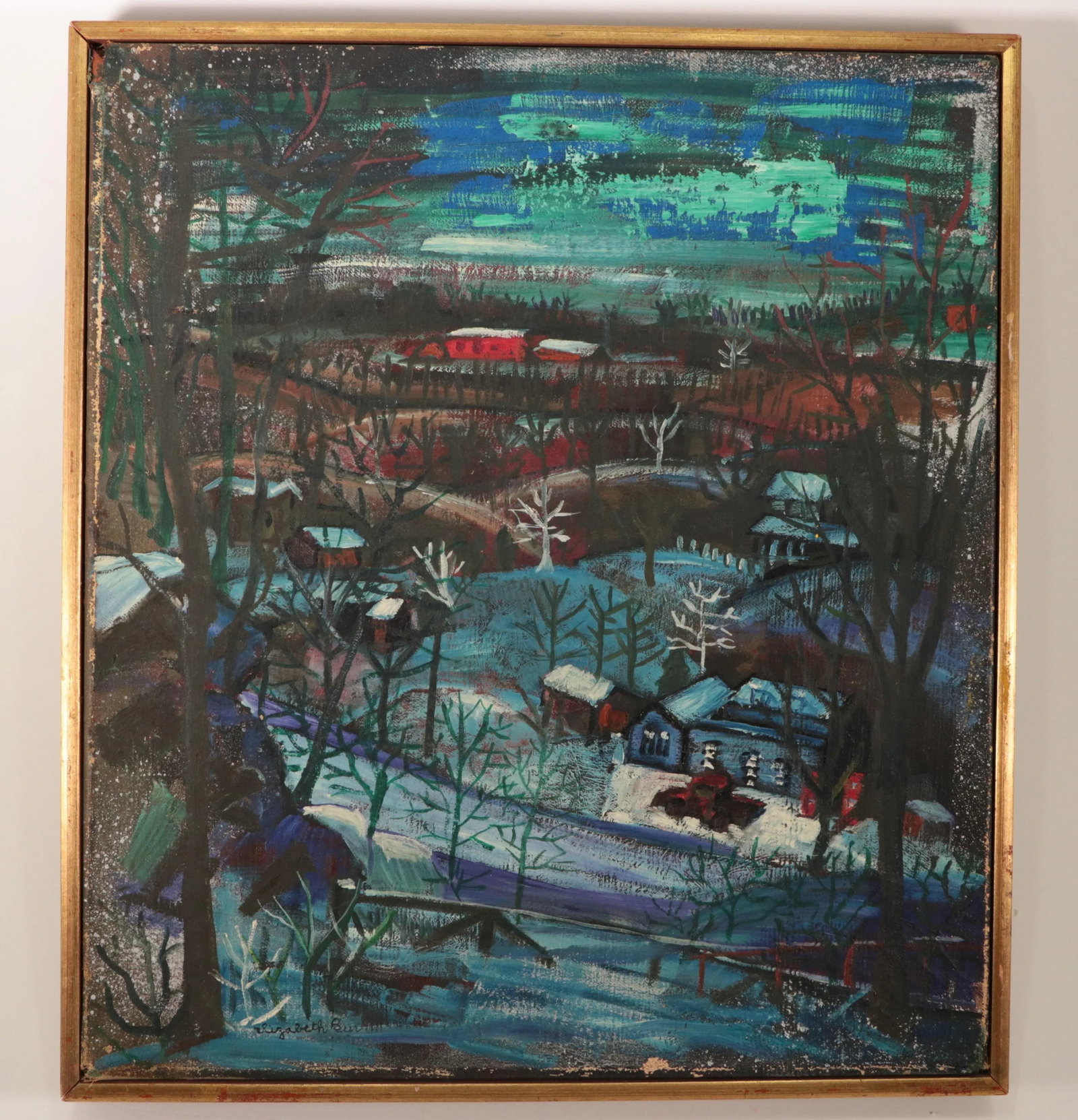 Country Snow Original Mid Century Naive Painting - 10