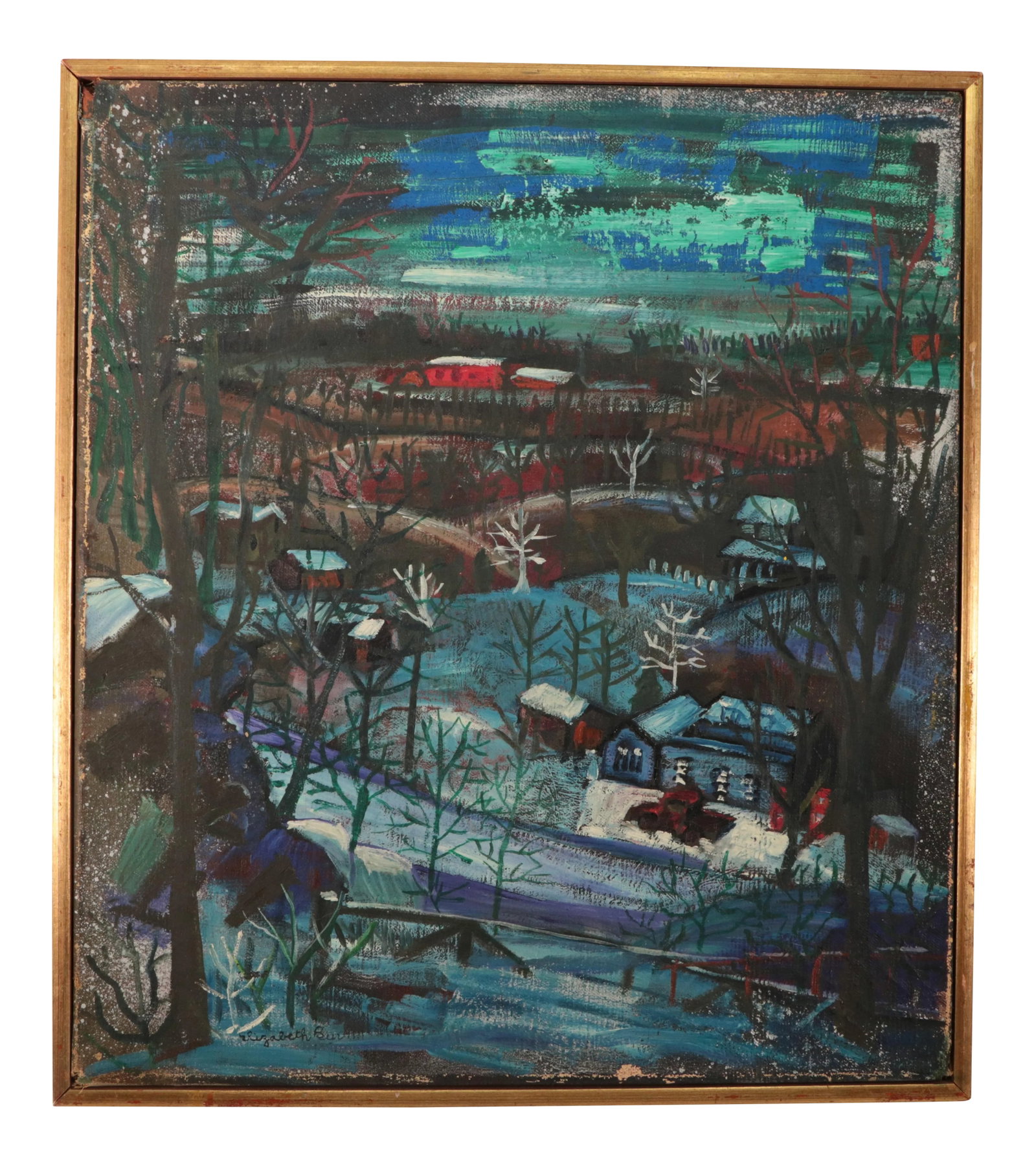 Country Snow Original Mid Century Naive Painting: Painted by Elizabeth Burr, this vintage mid 20th century painting shows a hilly country landscape in dreamy teals and blues with vibrant pops of red. Condition: Alterations: Original Design Modified I