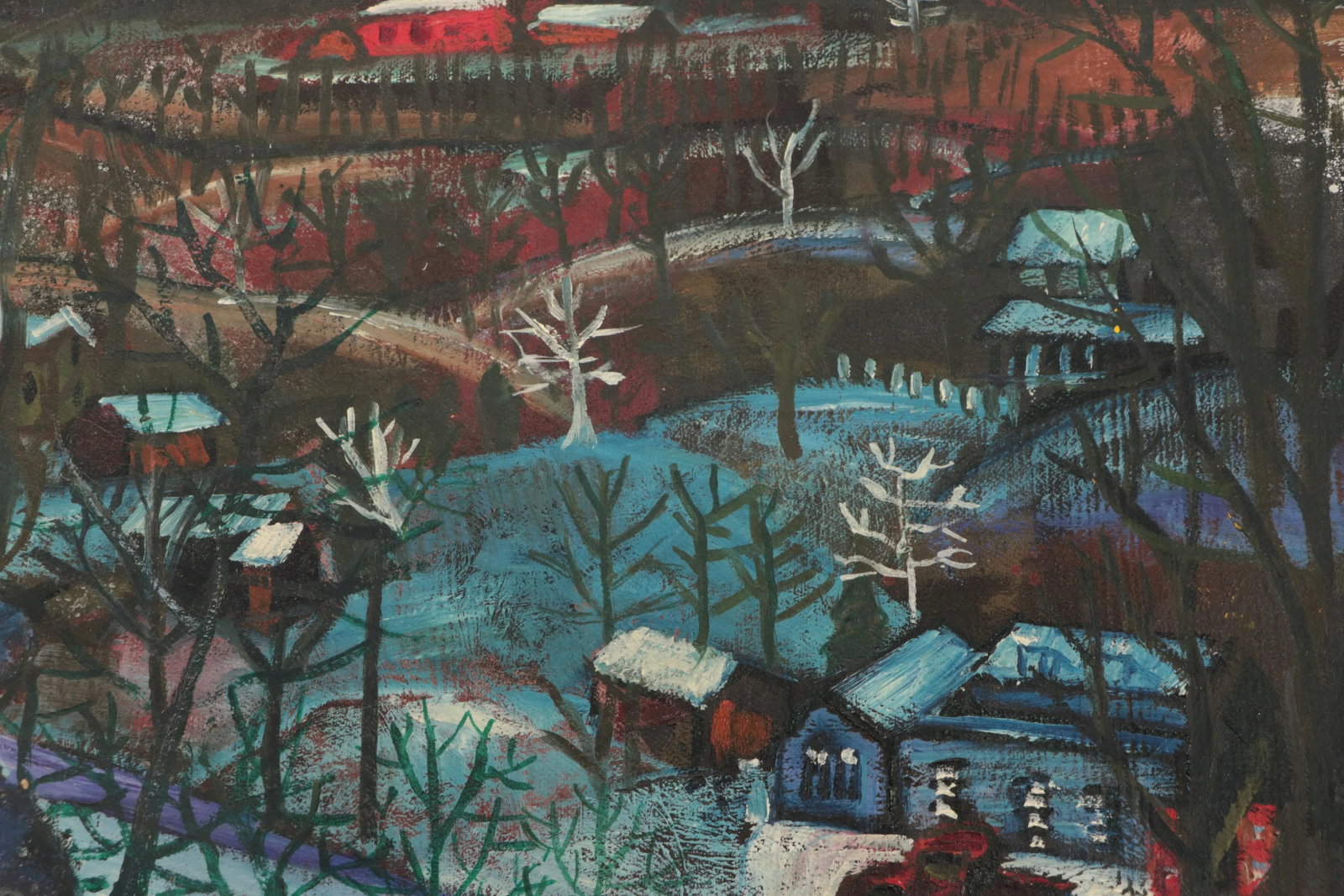 Country Snow Original Mid Century Naive Painting - 2