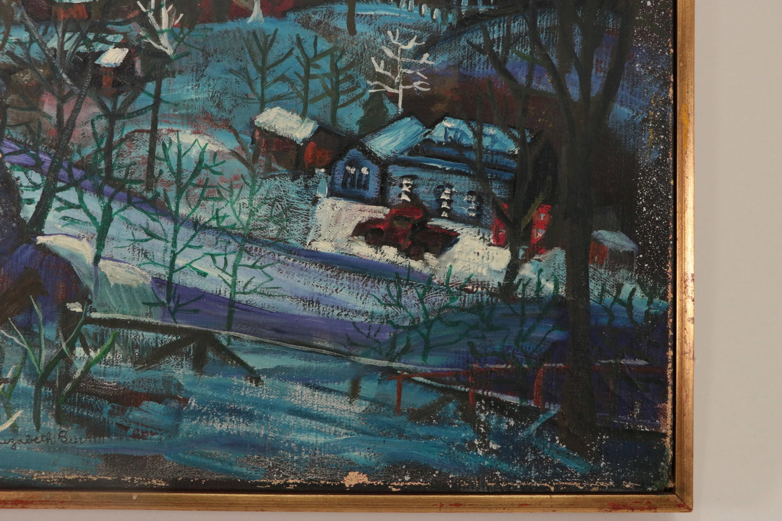 Country Snow Original Mid Century Naive Painting - 3