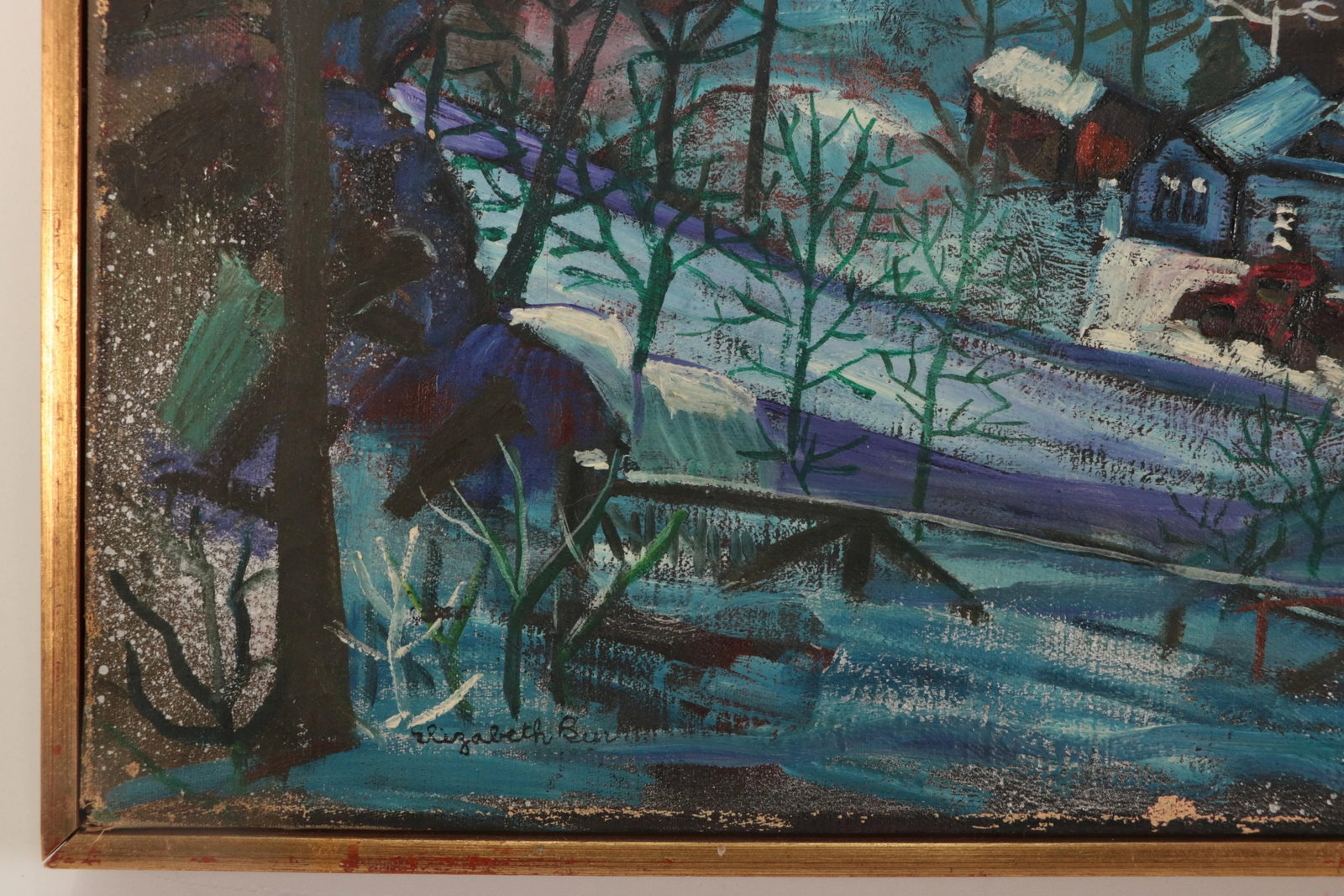 Country Snow Original Mid Century Naive Painting - 5