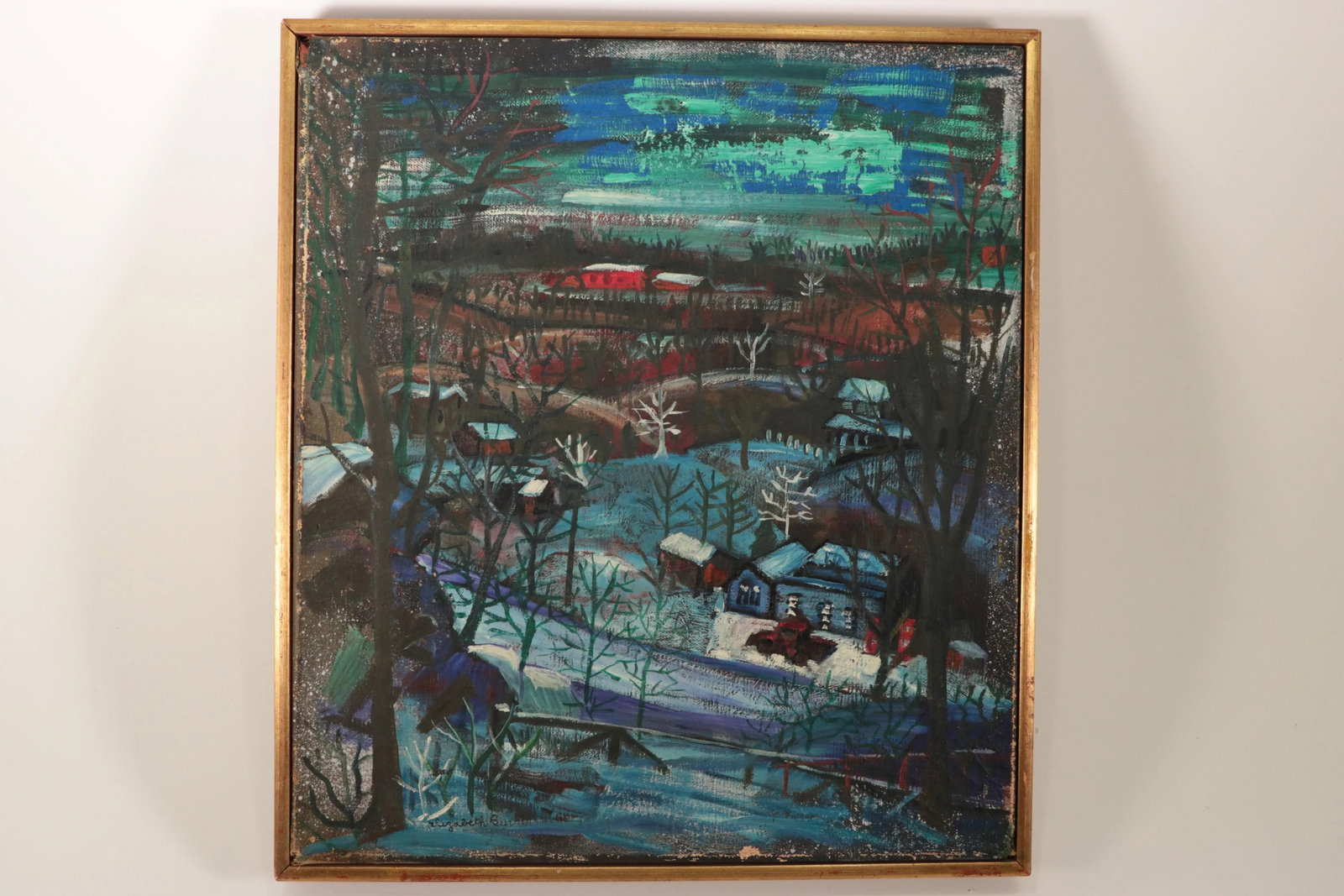Country Snow Original Mid Century Naive Painting - 8