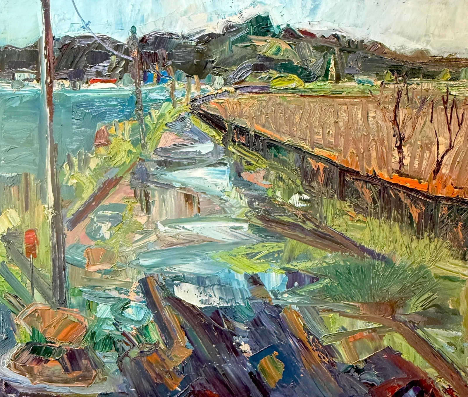 Original Oil on Canvas Painting Berkeley Landscape Hartman: This 28"x32" plein air painting was done on location at the Berkeley Marina. I enjoy painting at this spot as it provides up close details, transitional spaces and far away areas creating lots of