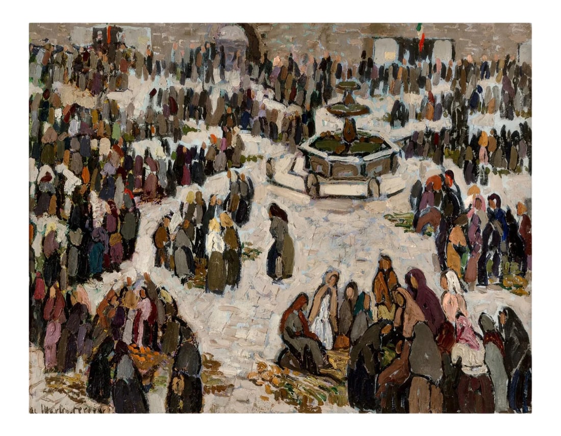 Jacques Martin-Ferrieres 'French, 1893-1972': Jacques Martin-Ferrieres (French, 1893-1972) Le marche de Raguse en Yougoslavie, avec la fontaine, circa 1938 Oil on canvas Measures: 22-3/4 x 29-1/4 inches (57.8 x 74.3 cm) Framed: 31 x 38 inches