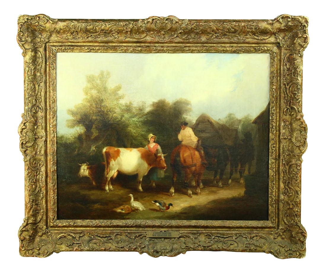 19th Century "A Surrey Farmstead" Oil Painting Attributed to William Shayer Sr., Framed: an outstanding painting attributed to the prominent and famed British landscape and figure artist William Shayer Sr. (1787-1879) Done in oils on canvas Displays a woman and man, around and riding a gr