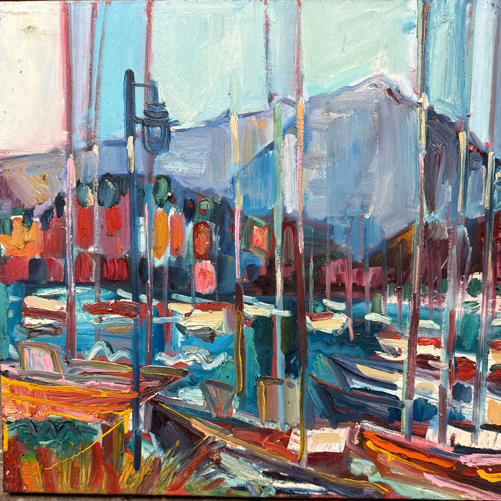 Expressionist Landscape Mt Tam From Berkeley Marina. Hartman: The painting is 24"x28x1 1/2" and is impressionistic with thickly applied rich color. Mt. Tamalpais is featured in this composition from the Berkeley Marina painted by Bay Area artist James Hartman. T