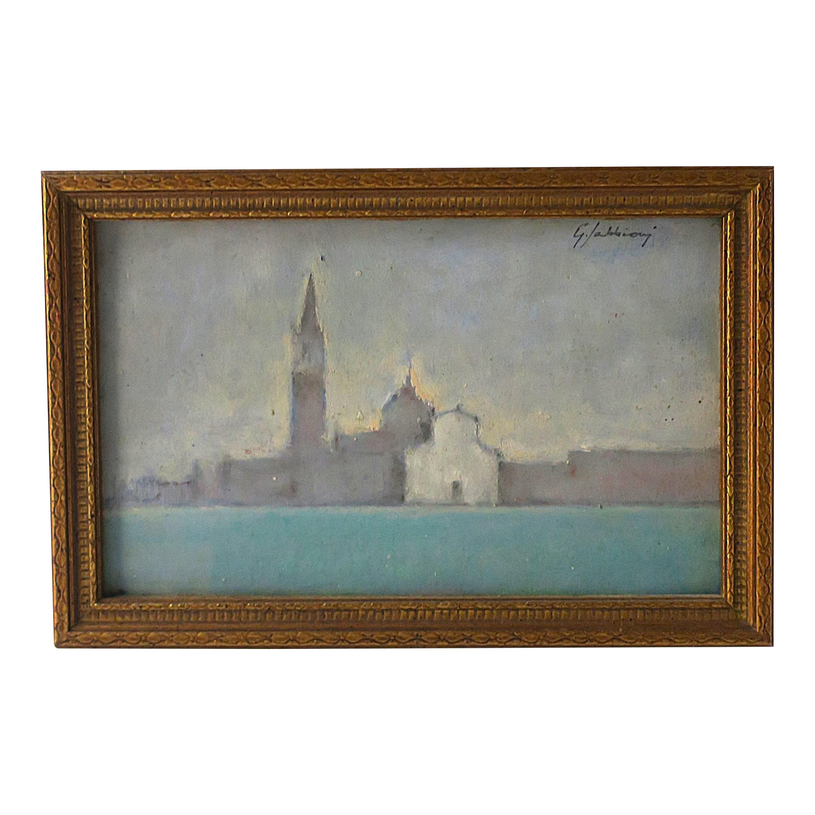 Italian Artwork Painting of Venice, Signed, Circa Late-20th Century: A beautiful, relatively small, Italian artwork painting of a portion of Venice, Italy; a waterfront scene of old buildings and a church, signed by artist, Sabbioni, circa late-20th century, 1995.