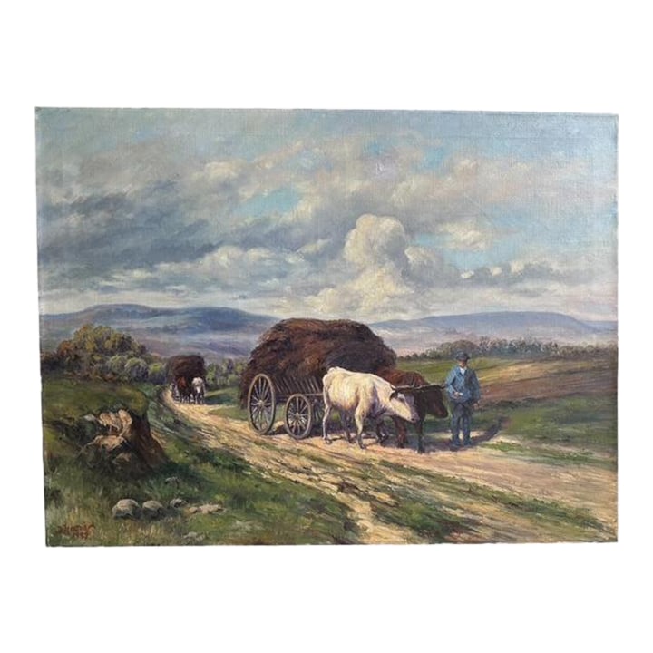 Oil on Canvas Oxen in Field Pulling Harvest Signed Holtorf 1929: Oil on canvas. Man leading oxen oulling a cart of hay. . Signed Condition: Alterations: Original Condition Unaltered Imperfections: Some Imperfections Condition Notes: good condition Origin: Denmark