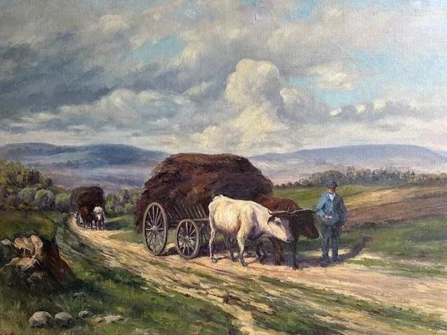 Oil on Canvas Oxen in Field Pulling Harvest Signed Holtorf 1929 - 2