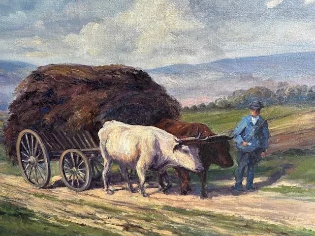 Oil on Canvas Oxen in Field Pulling Harvest Signed Holtorf 1929 - 4