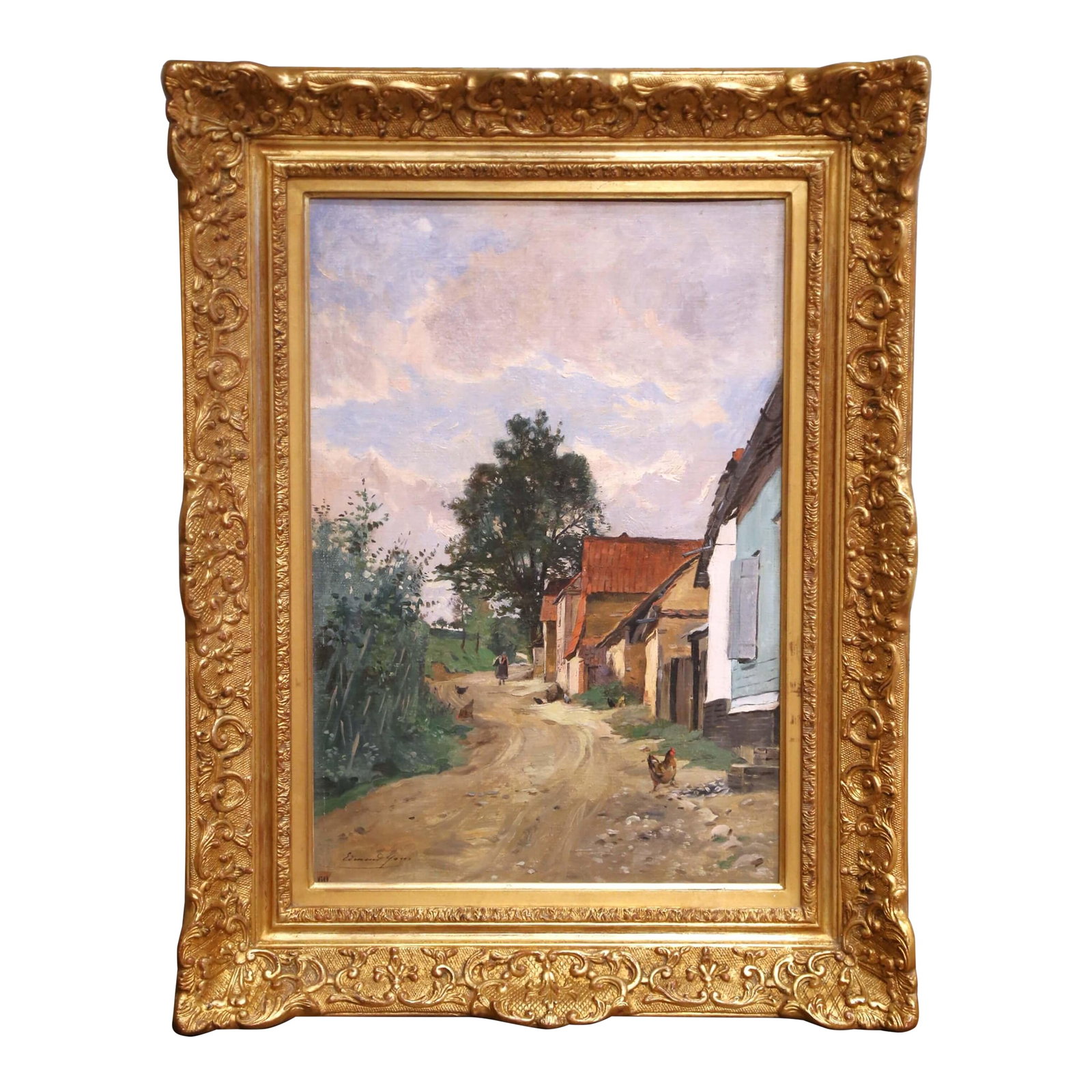 19th Century Oil on Canvas Painting "Paysanne Sur Un Chemin" Signed Edmond Yon: Painted by French artist Edmond Charles Joseph Yon (1836-1897), this evocative landscape titled "Paysanne sur un chemin" ("Peasant Woman on a Path"), beautifully captures the quiet poetry of rural