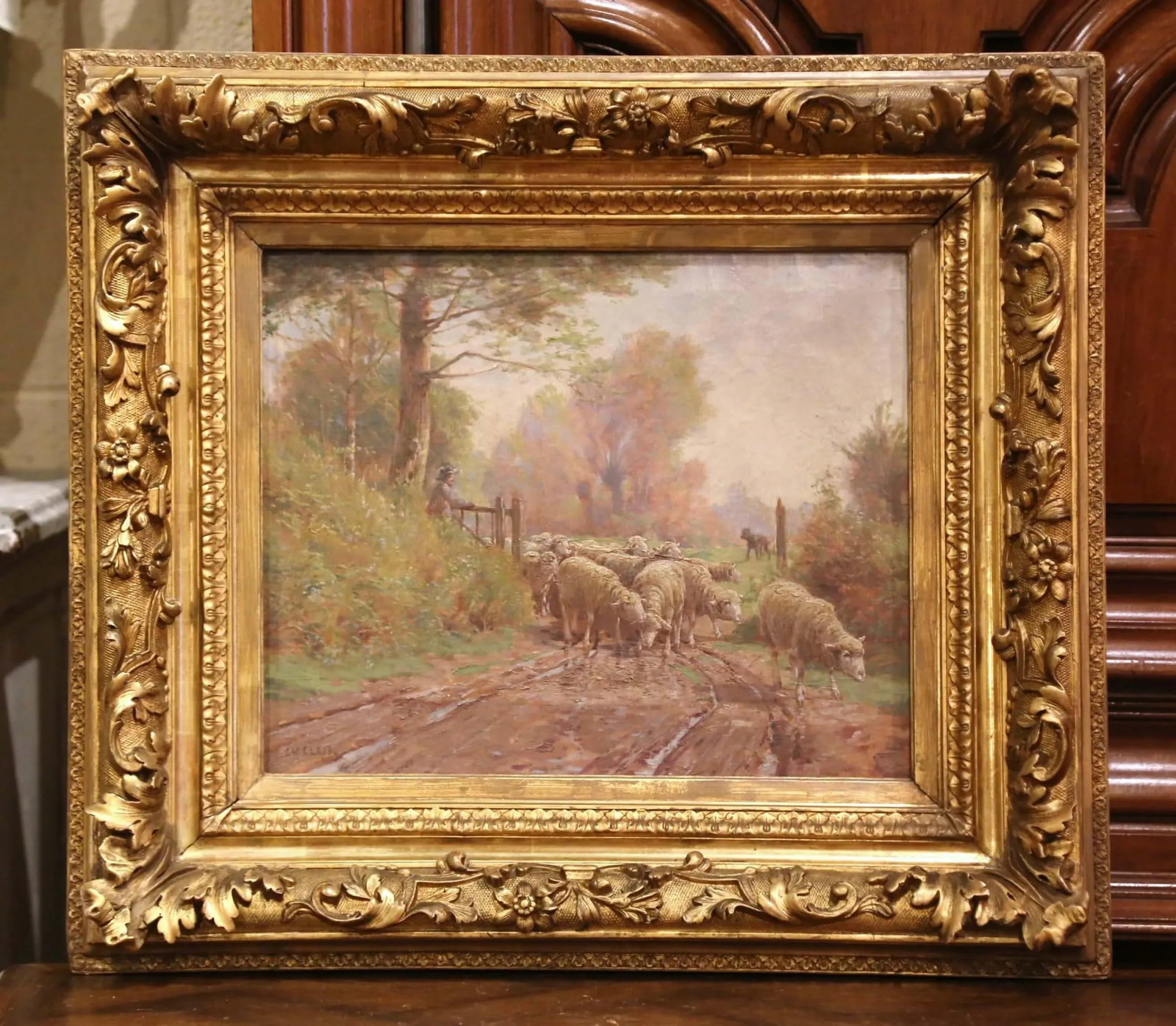 19th Century French Sheep Painting in Carved Gilt Frame Signed Charles Clair - 12