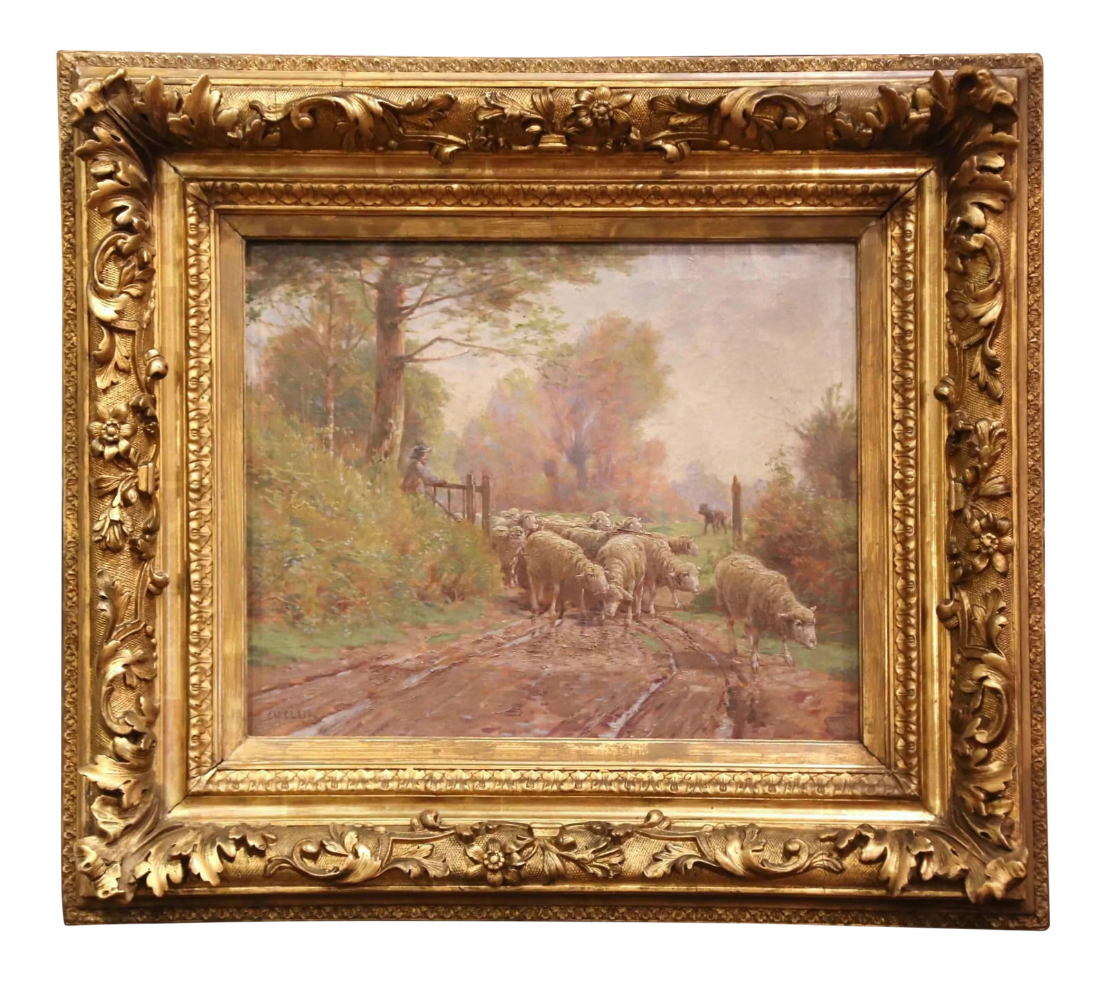 19th Century French Sheep Painting in Carved Gilt Frame Signed Charles Clair: Capture the pastoral charm of 19th-century France with this serene oil on canvas painting by Charles Clair (French, 1860-1930). Known for his bucolic landscapes and tender animal subjects, Clair maste