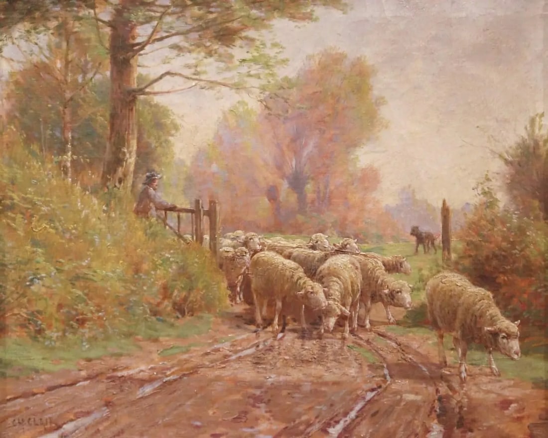 19th Century French Sheep Painting in Carved Gilt Frame Signed Charles Clair - 2