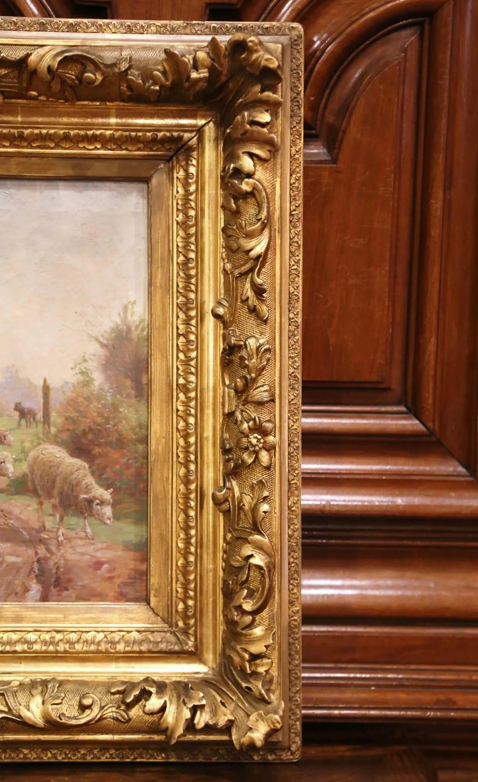 19th Century French Sheep Painting in Carved Gilt Frame Signed Charles Clair - 6