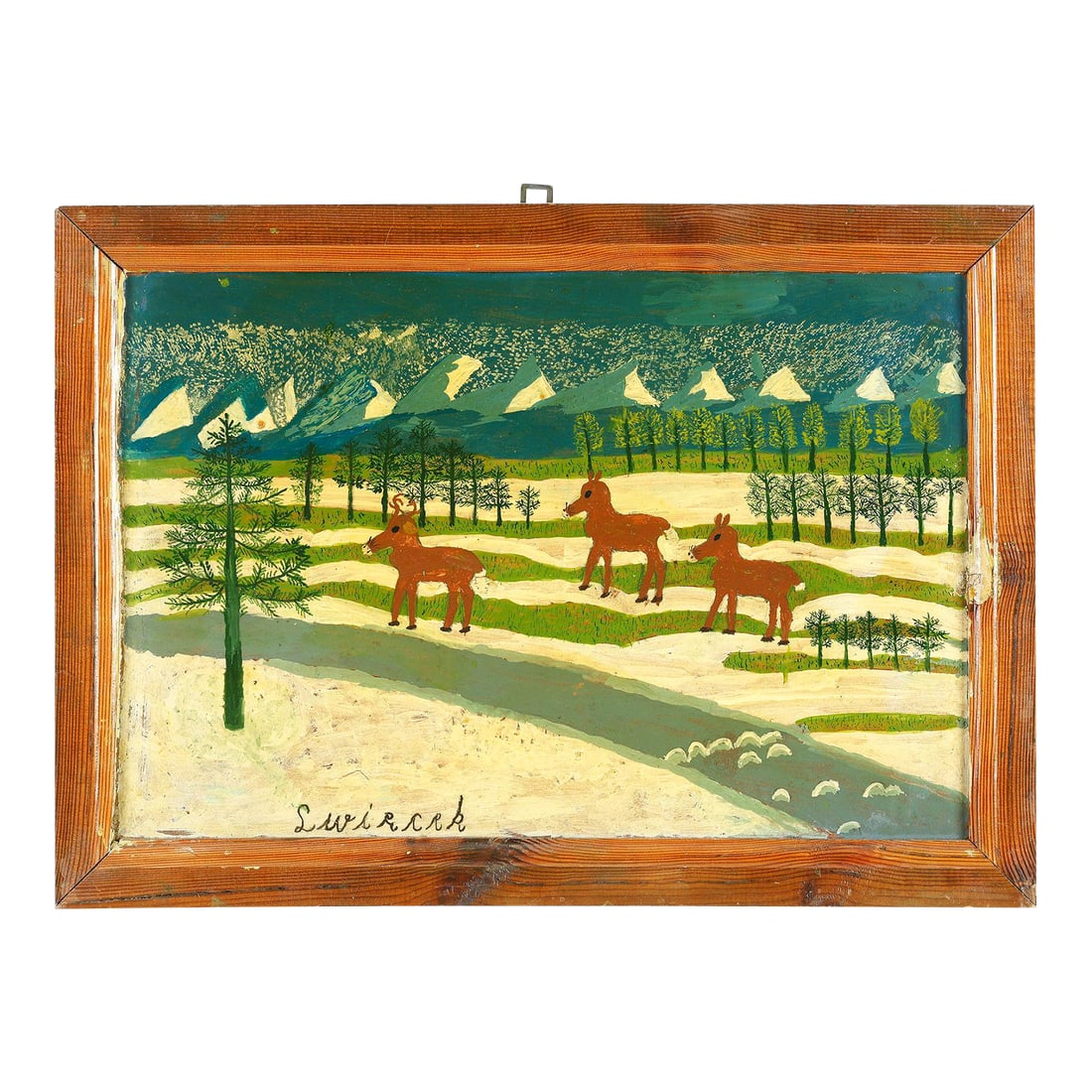 Vintage Original Signed Ludwig Wiecek 'Reindeer in Winter' Folk Art Painting: Original signed Ludwig Wiecek (Polish/Poland b. 1911) Folk Art Painting, Untitled (Reindeer in Winter) oil on board, signed. Dimensions Framed. Size: 13.25'' x 19.75'', 34 x 50 cm (board) 16.25'' x