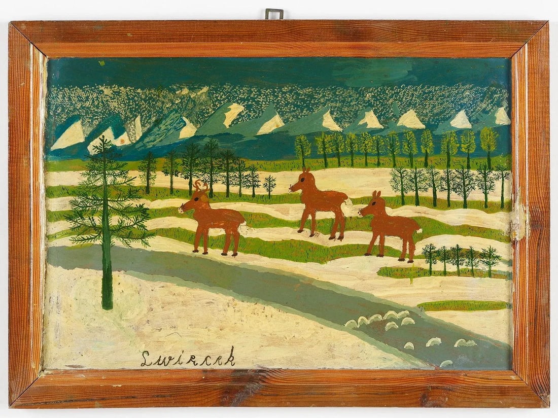 Vintage Original Signed Ludwig Wiecek 'Reindeer in Winter' Folk Art Painting - 3