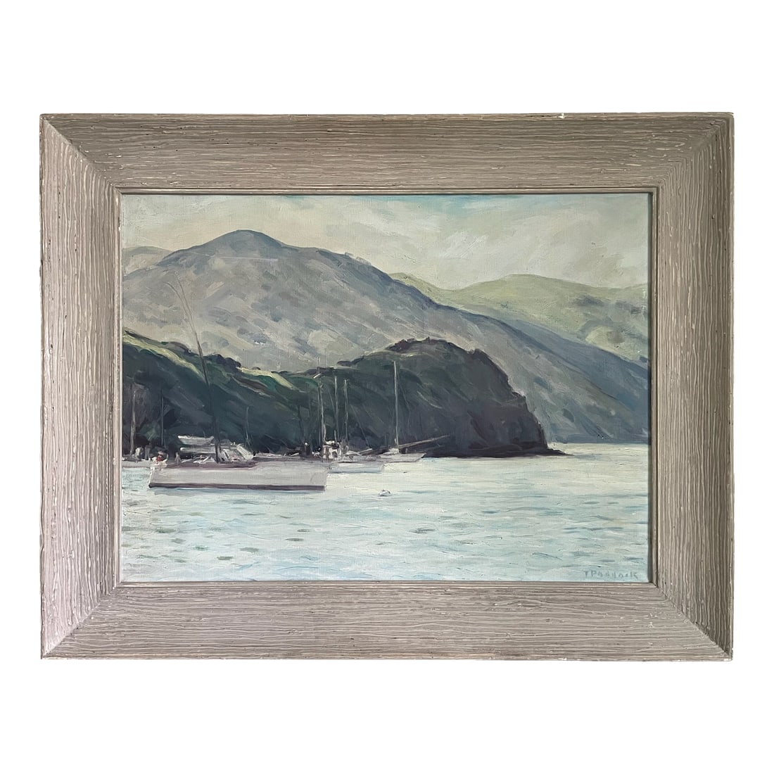 1970s T Paddock Impressionist Nautical Coastal Seascape Signed Oil on Canvas, Framed: T. Paddock, known as Thelma Hope Paddock 1898-1991. Featuring Oceanic Seascape oil on canvas, mountain, boats, blue sky. Original period light grayish wood frame, Excellent condition! Research, noted,