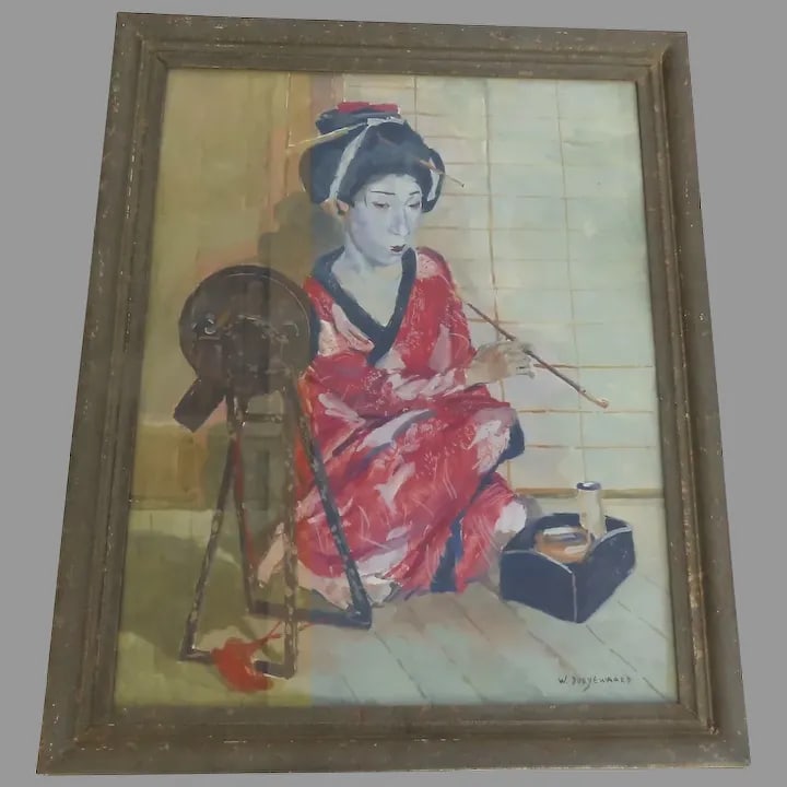 Mid 20th Century "Geisha with Mirror" Portrait Painting by Willem Dooyewaard, Framed - 10