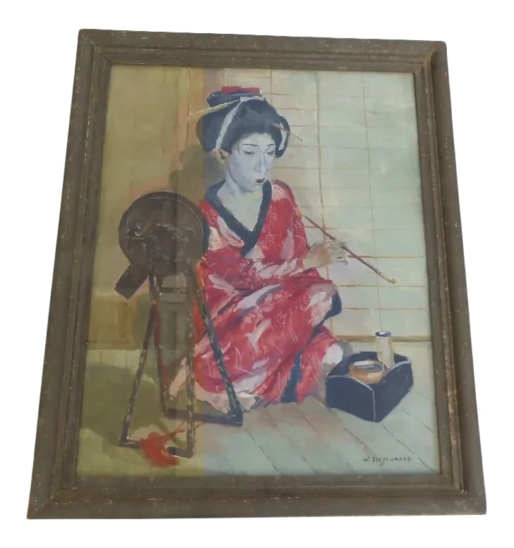 Mid 20th Century "Geisha with Mirror" Portrait Painting by Willem Dooyewaard, Framed: Painting gouache on card by Willem Dooyewaard. Signed lower right. Measures 65cm by 50cm. 25 1/2" by 19 1/2". Sold at Christies 2004, last photo shows auction result from 2004. Condition:
