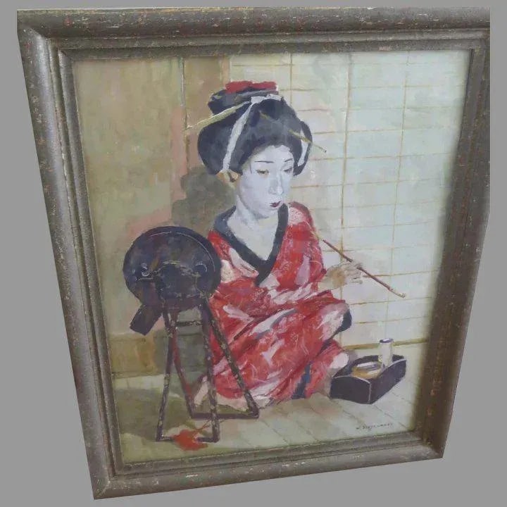 Mid 20th Century "Geisha with Mirror" Portrait Painting by Willem Dooyewaard, Framed - 2