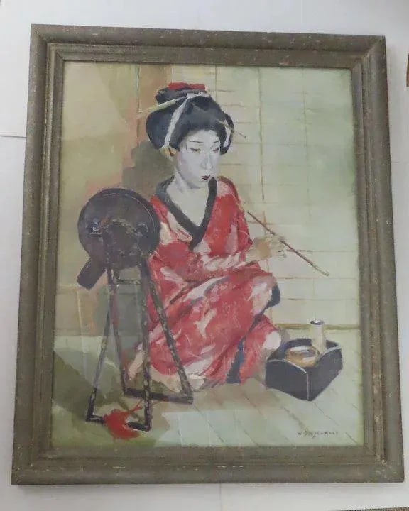 Mid 20th Century "Geisha with Mirror" Portrait Painting by Willem Dooyewaard, Framed - 3
