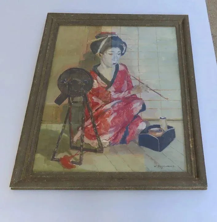 Mid 20th Century "Geisha with Mirror" Portrait Painting by Willem Dooyewaard, Framed - 9