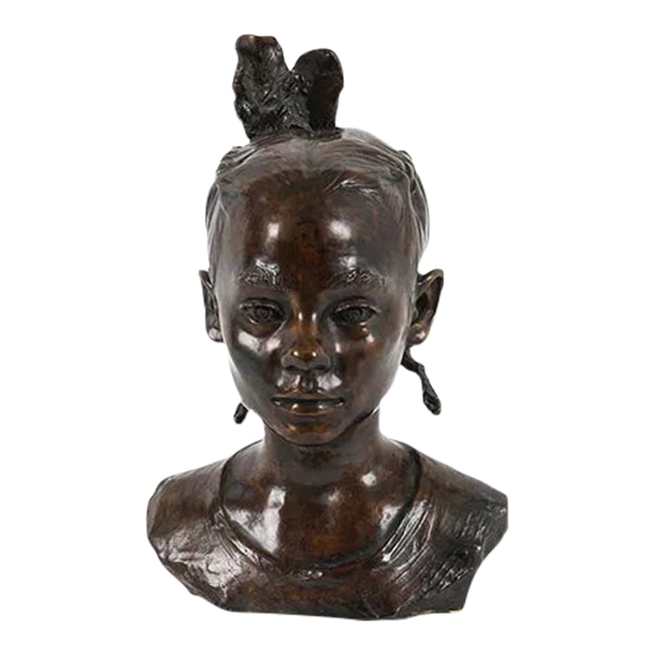 Bronze Sculpture Beautiful Girl Kirsten Kokkin: A beautiful and delightful original bronze sculpture by noted artist Kirsten Kokkin (B. 1951 Active in Norway/Colorado/US). This work is a contemplative character study of a lovely young lady. We