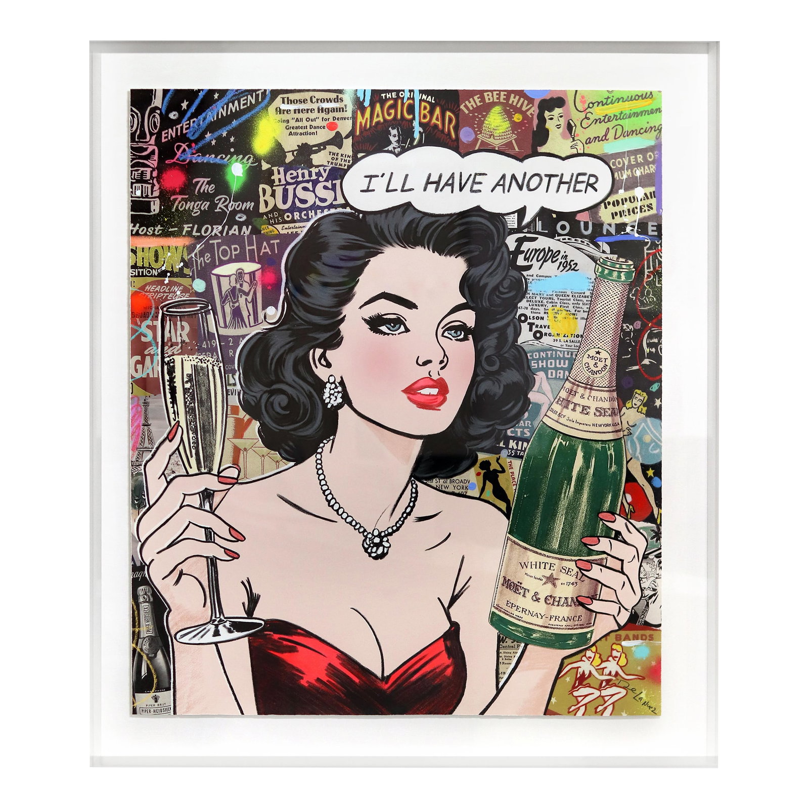 Just One More - Framed Figurative Woman Portrait Pop Painting Original Artwork by Nelson De La Nuez: Nelson De La Nuez is one of the most sought-after contemporary Pop artists practicing today. His striking, vivid mixed media artwork borrows motifs and messages from the language of wealth, power,