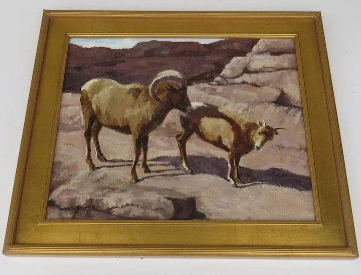 Spring Rituals Contemporary Oil Painting of Two Colorado Rams by Susan Bell, Framed - 10