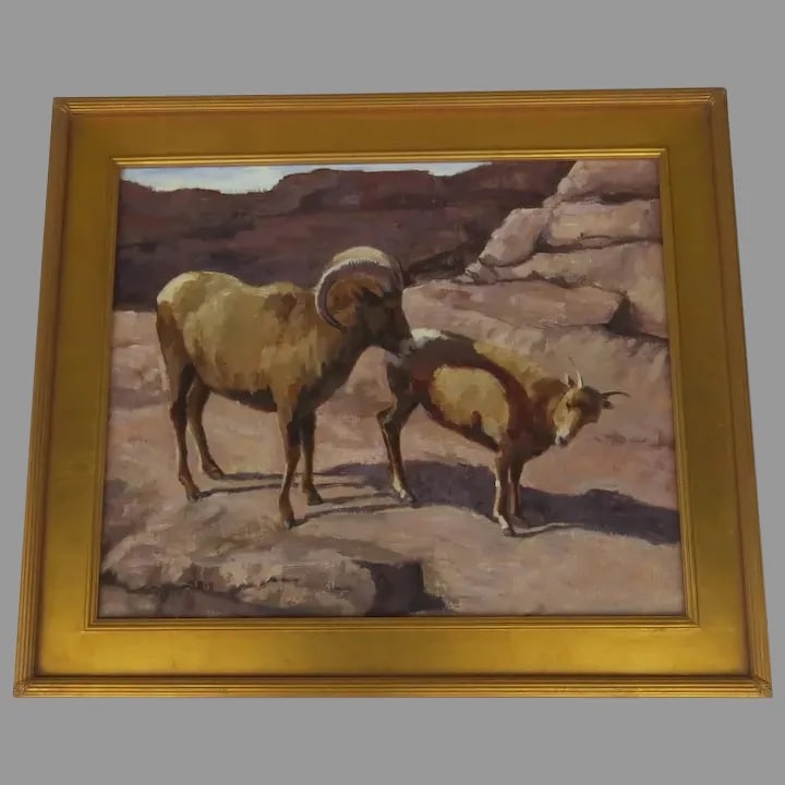 Spring Rituals Contemporary Oil Painting of Two Colorado Rams by Susan Bell, Framed - 13