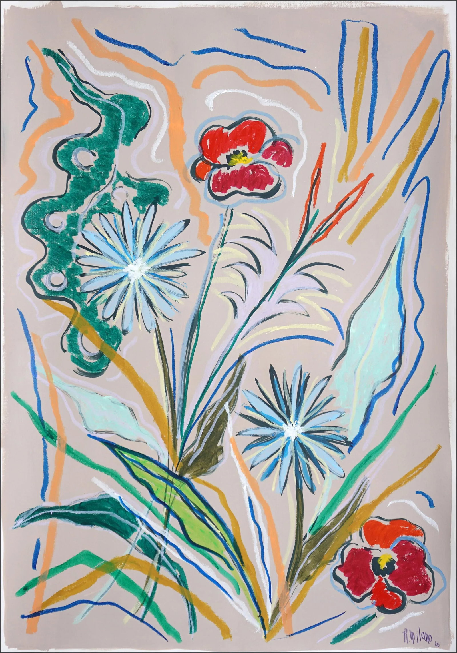 2025, Expressionist vs Figurative Flora of Country Wildflowers, Acrylic Paint and Wax Crayon on Wate: This expressionist botanical drawing on paper captures the raw vitality of country wildflowers through fresh, vigorous gestures. Milano's drawings abandon precise realism in favor of emotional intensi