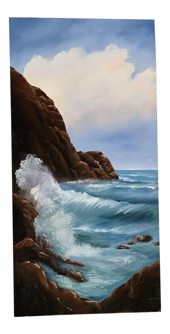 30" Tall Ocean Waves Vintage Original Unframed Acrylic Painting: Ocean waves original vintage acrylic painting in hues of blue and black Unusual size at 30" tall, perfect for a hallway or bathroom Acrylic over canvas Unframed Excellent condition Condition: Alterati